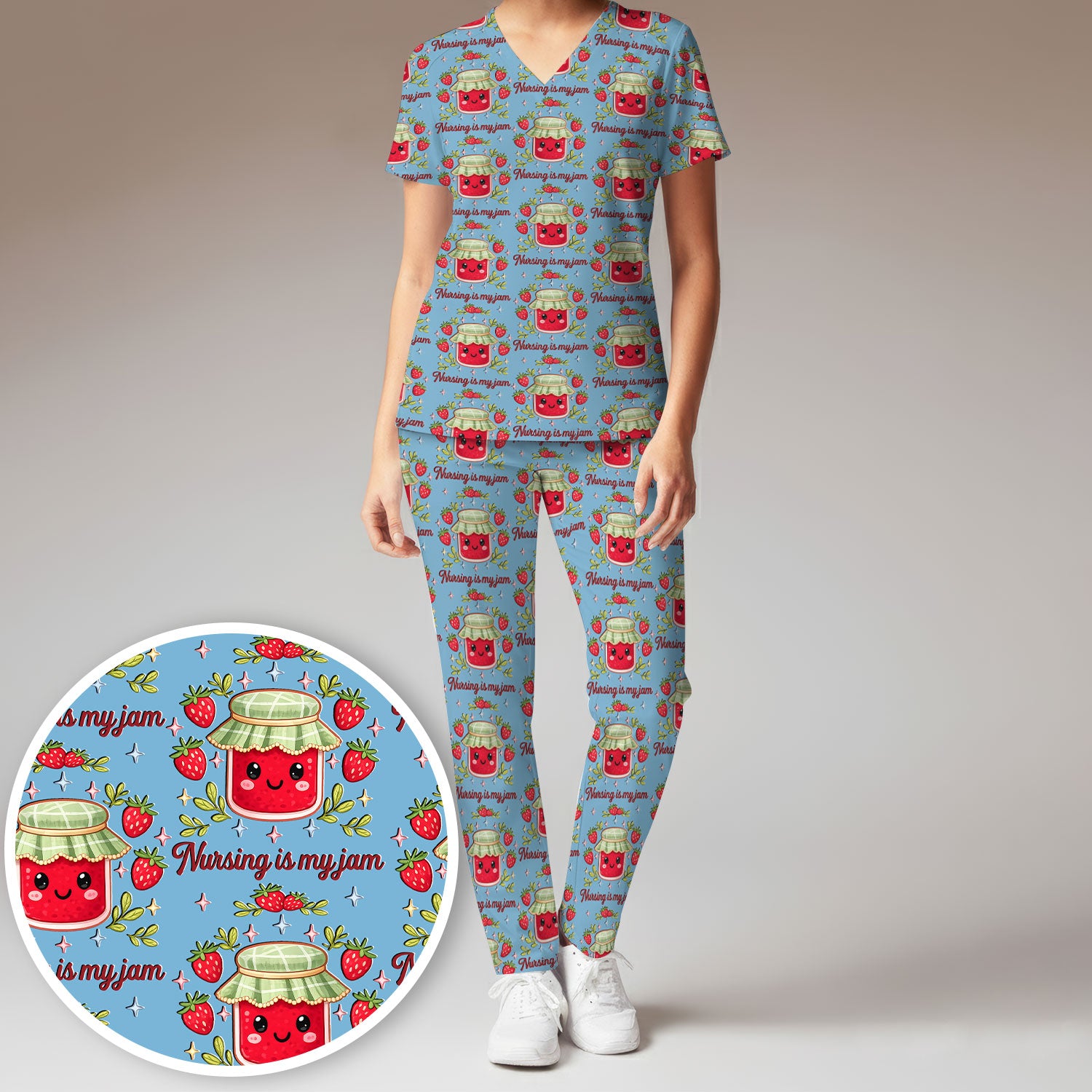 Cute Strawberry Jam Nurse Pattern Scrub Set, Breathable Med Uniform
