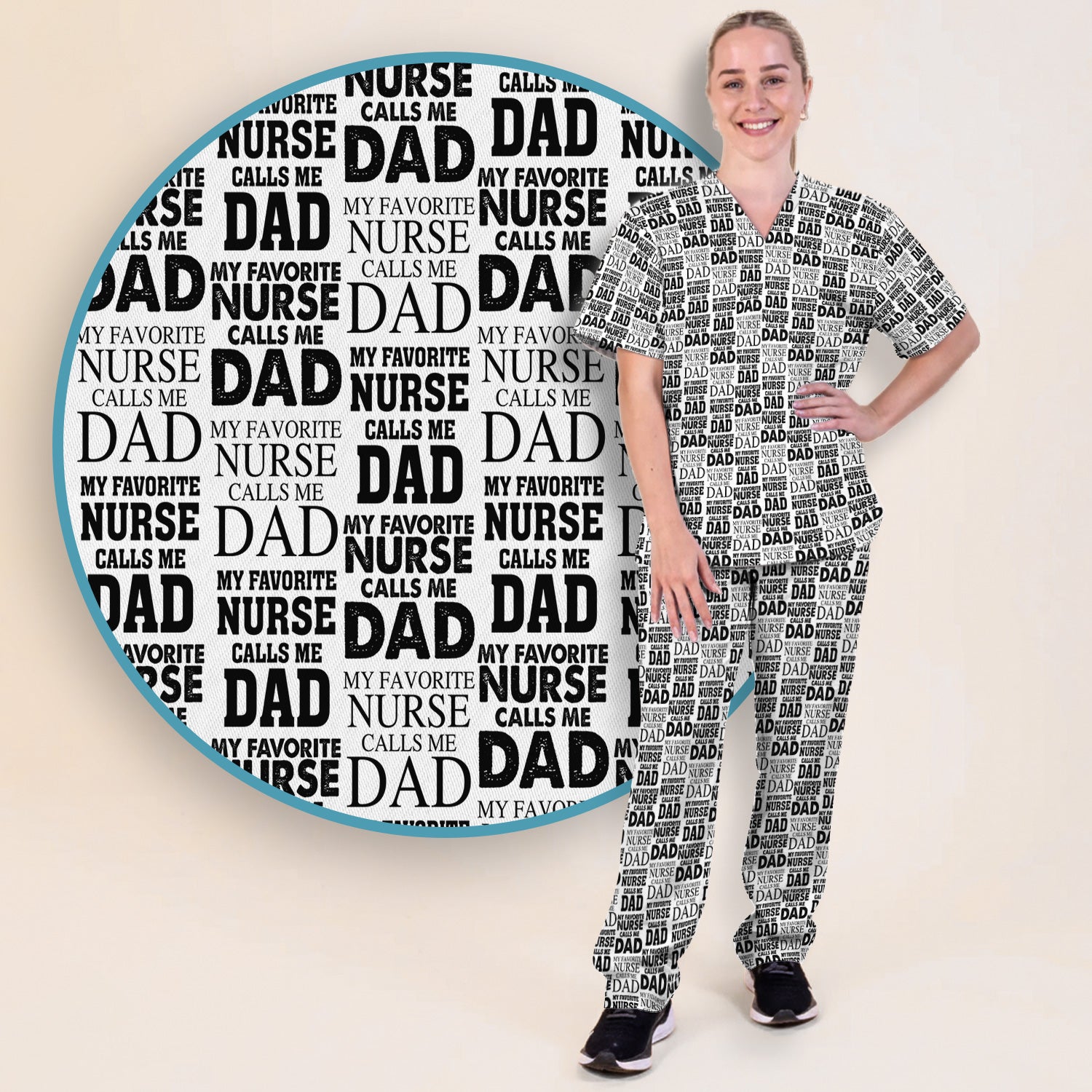 Favorite Nurse Calls Dad Pattern Scrub Set, Scrub Pants and V Neck Top