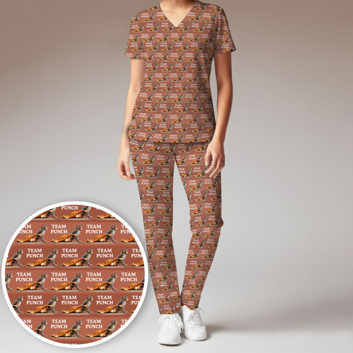 Team Punch Playful Monkey Graphic Pattern Scrubs Sets, Breathable Med Uniform