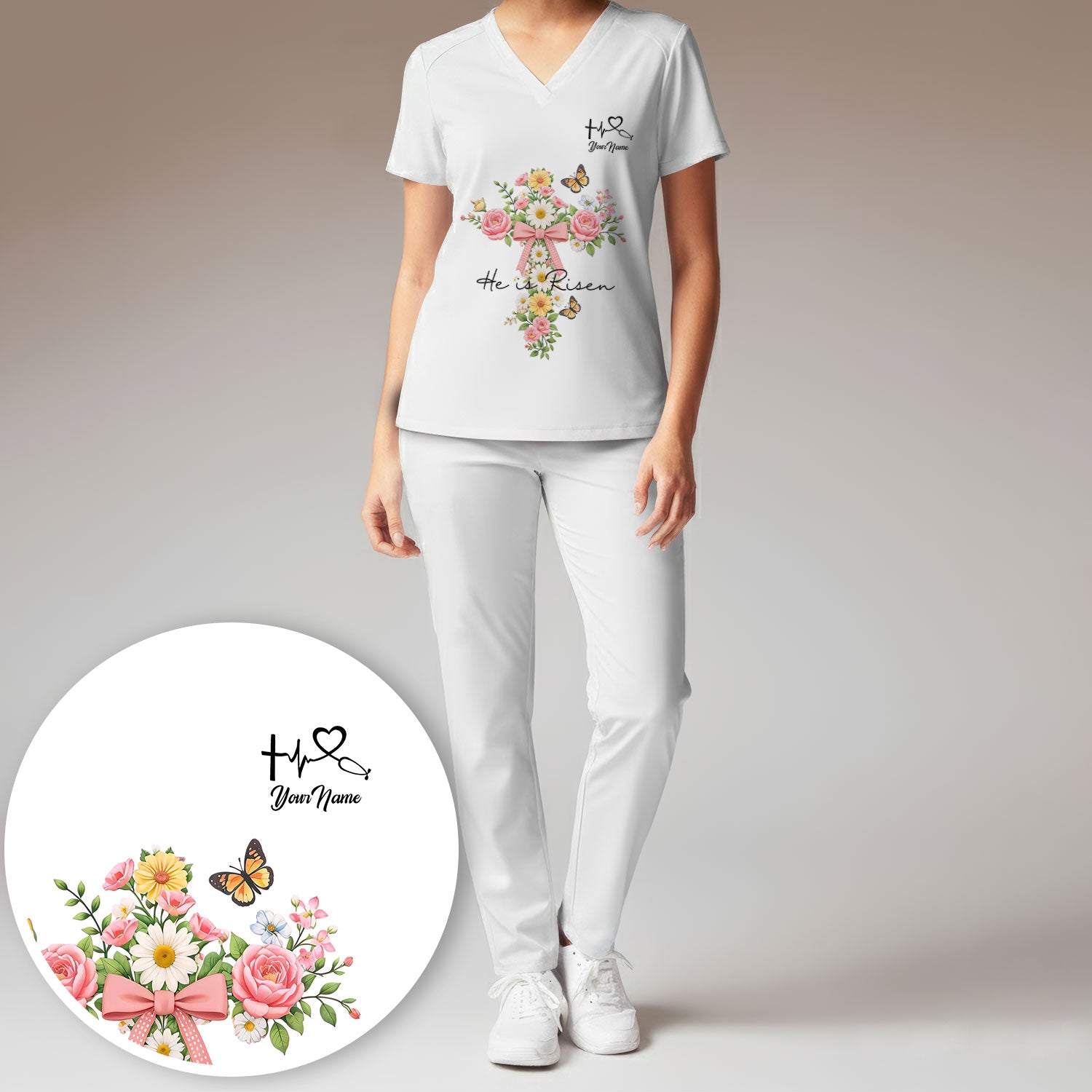 Personalized Meaningful Easter Nurse He Is Risen Floral Cross Bow Pattern Scrub Set, Women's Scrub Sets