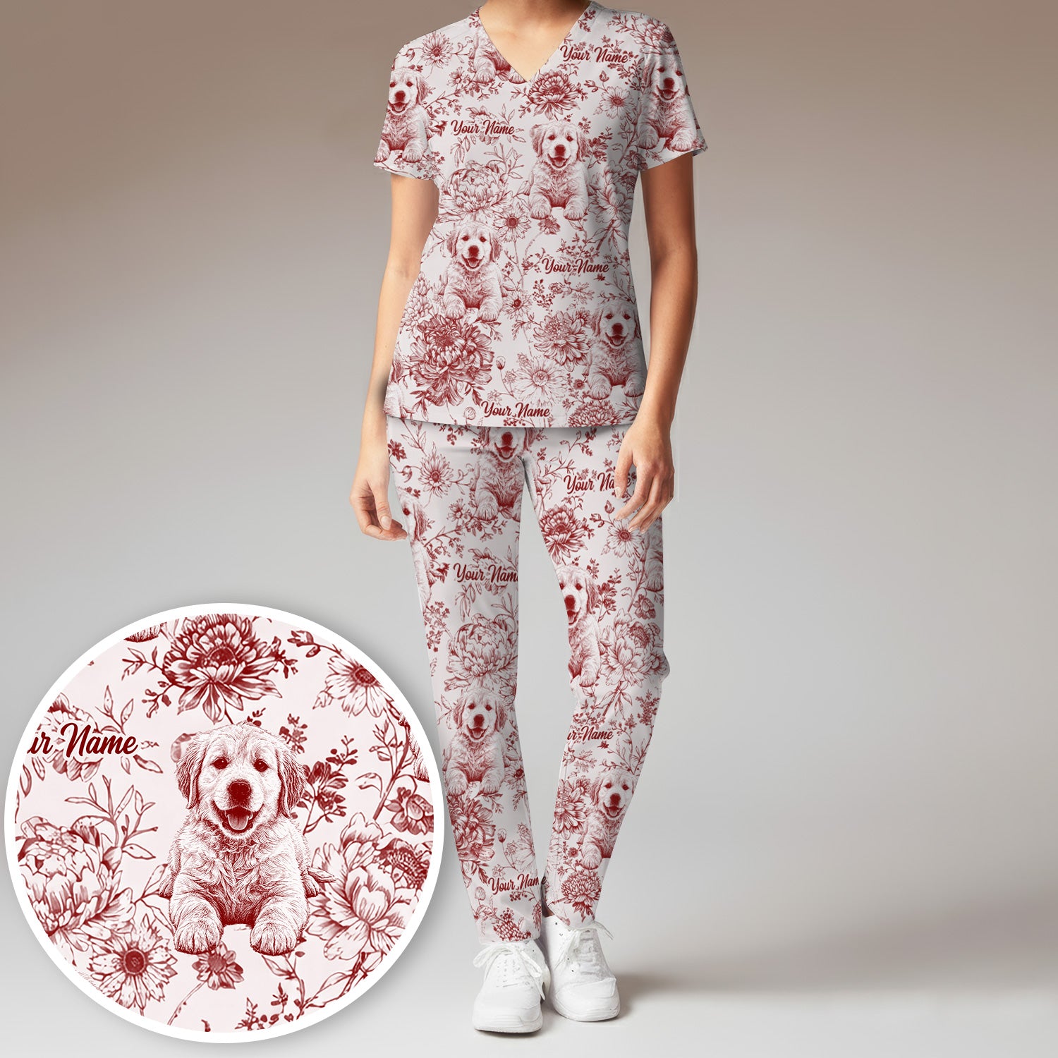 Personalized Custom Pet Photo Name Floral Pattern Scrub Set, Scrub Pants and V Neck Top