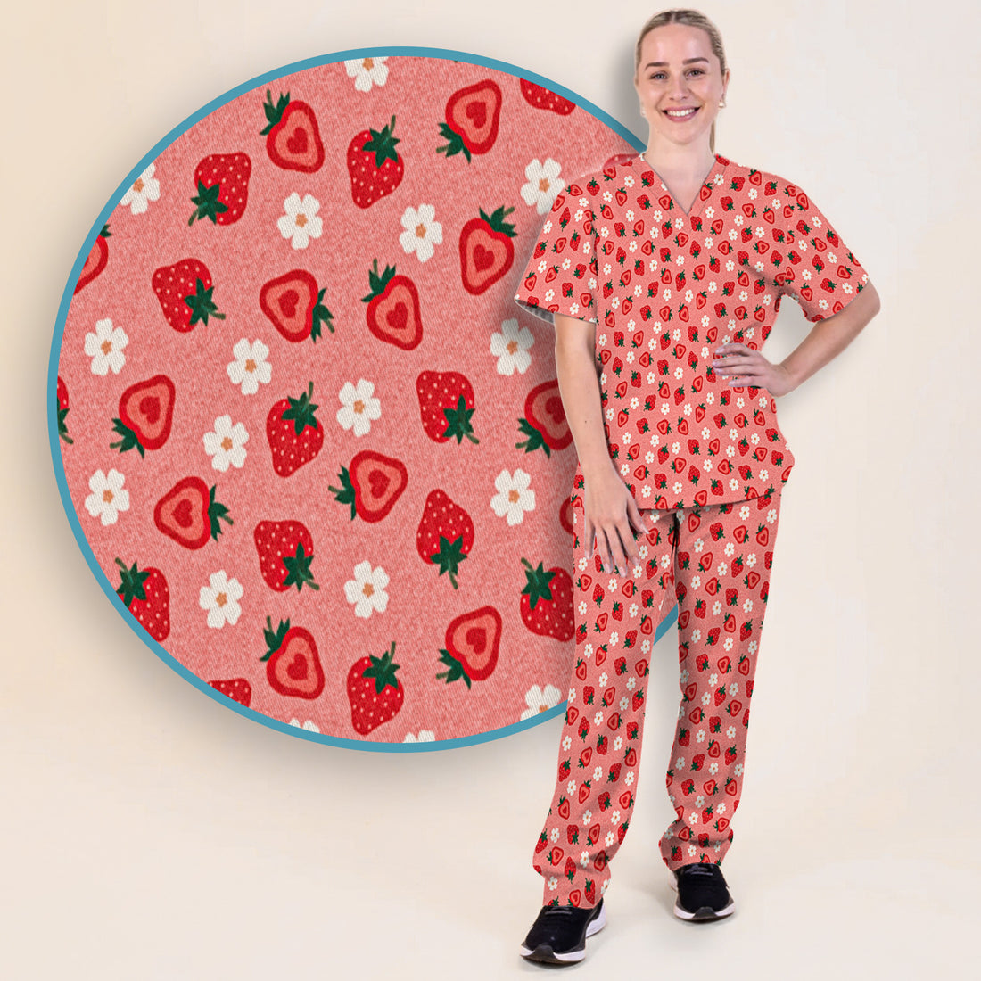 Sweet Strawberry Blossom Print Scrub Set, Women's Scrub Sets
