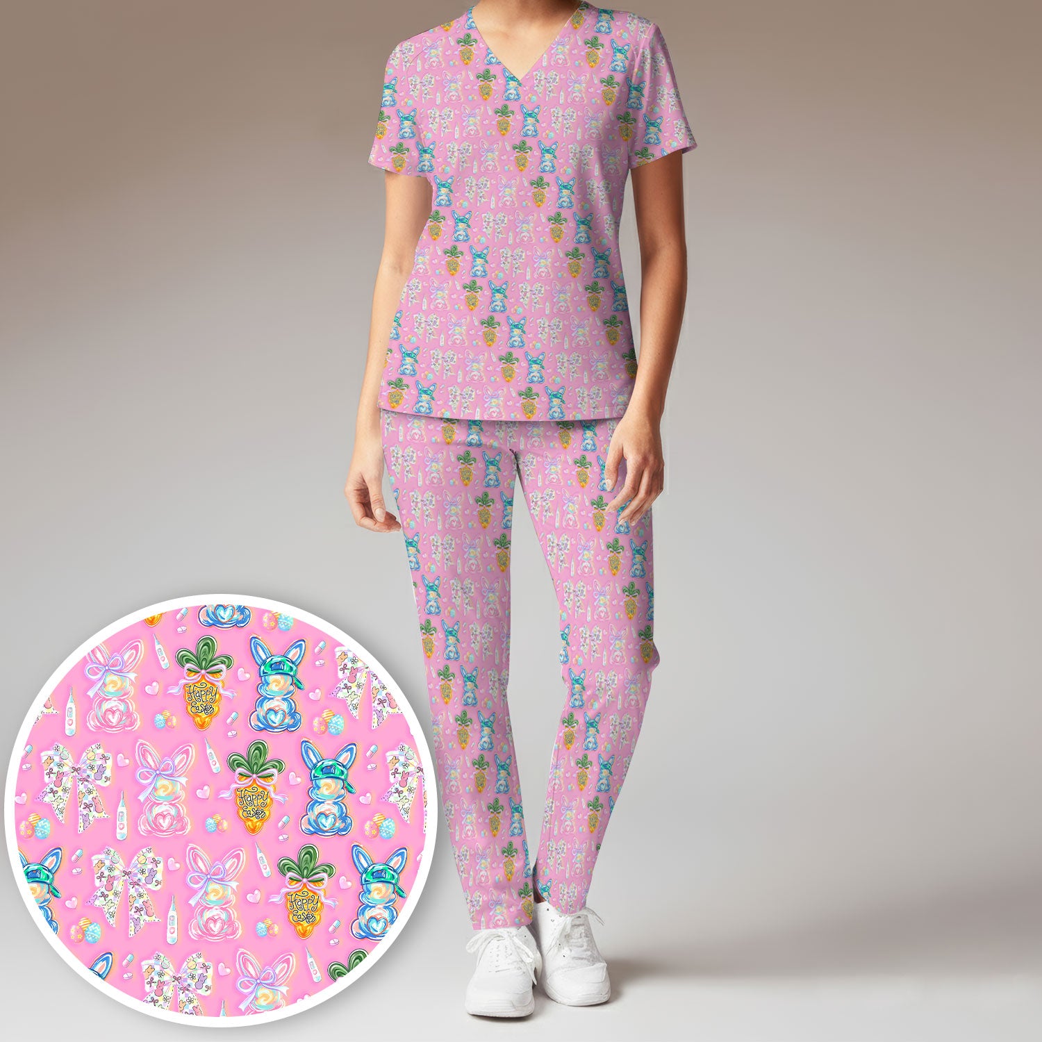 Easter Bunny Carrot Bow Floral Print Scrub Set, Breathable Med Uniform