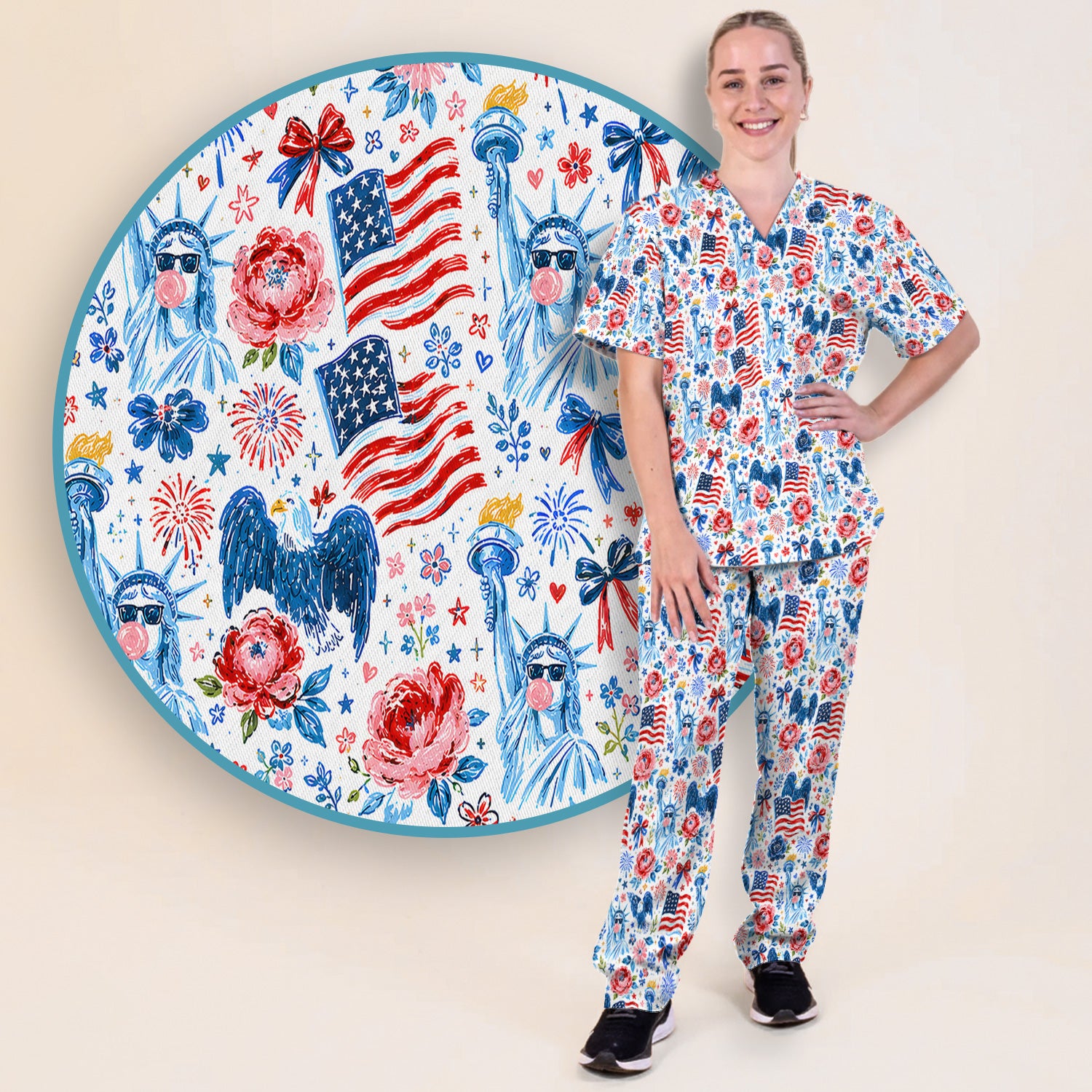 Patriotic Liberty Nurse Pattern Scrub Set, Scrub Pants and V Neck Top