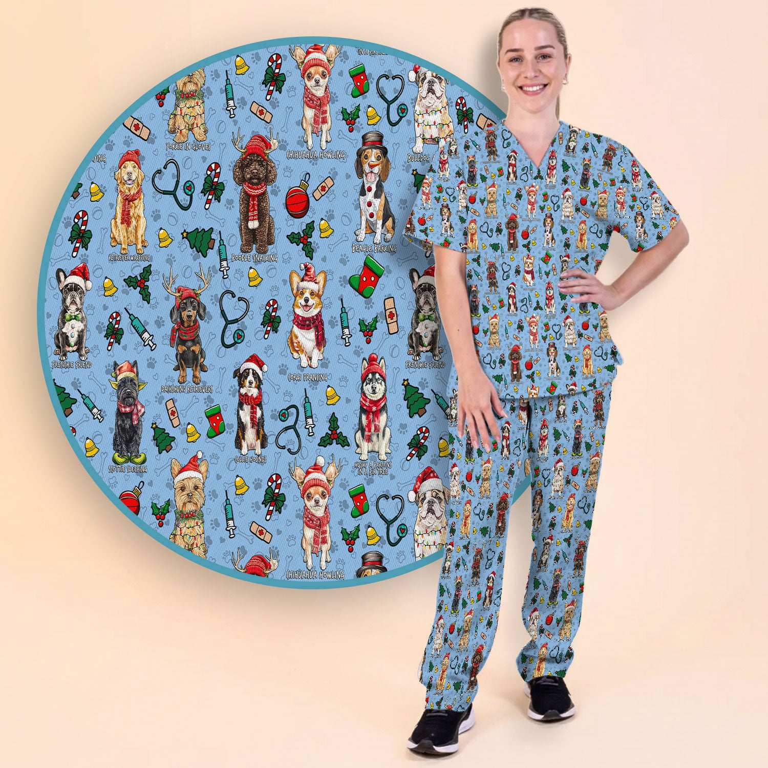Christmas Dog Scrub Set for Nurses - Dachshund, Husky, Poodle, Corgi & Labrador Holiday Scrub Top and Pants - Funny Santa Medical Shirt