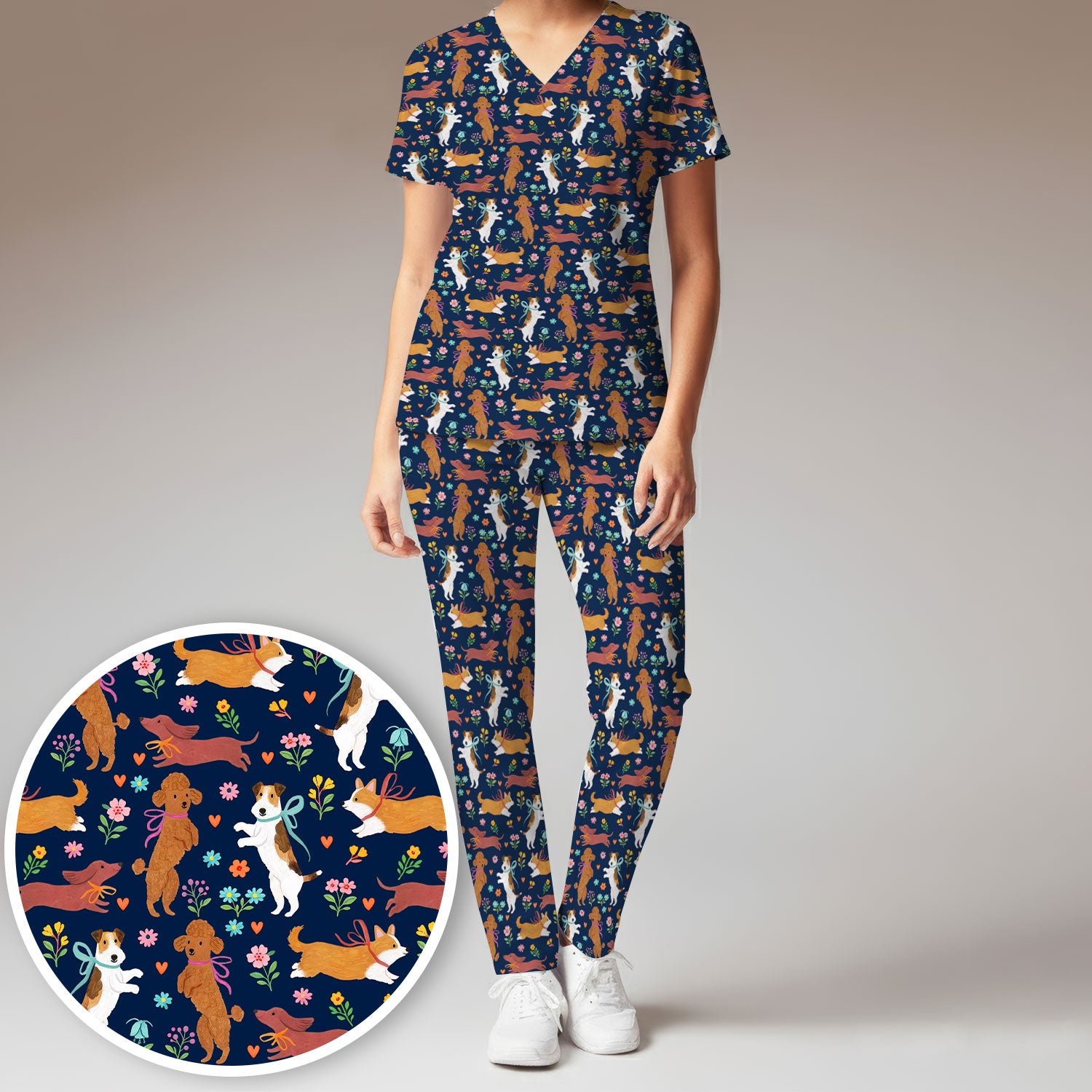 Cute Cartoon Dog Print Women's Scrub Set, Scrub Pants and V Neck Top