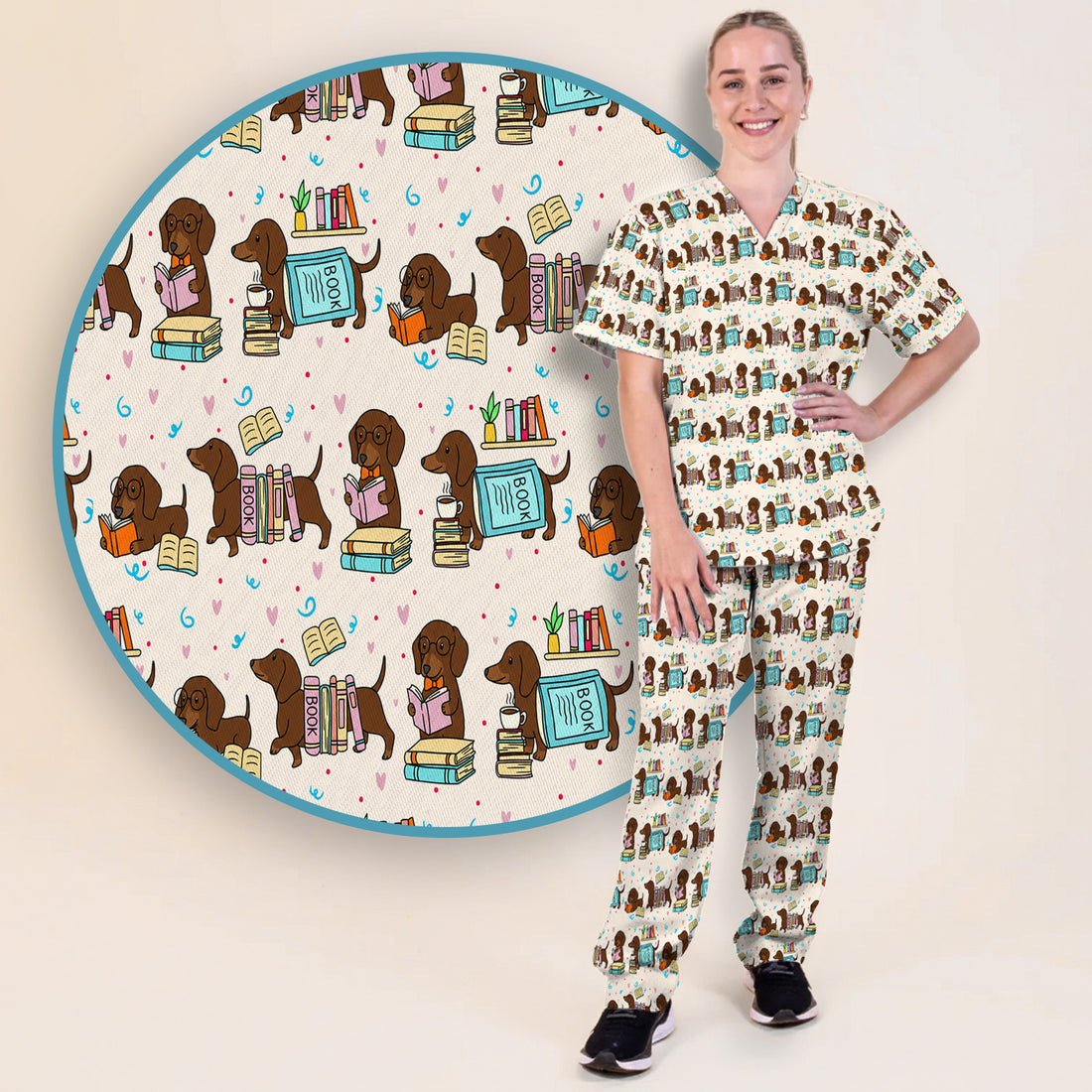 Cute Bookish Dachshund Reading Scrub Set, Scrub Pants and V Neck Top