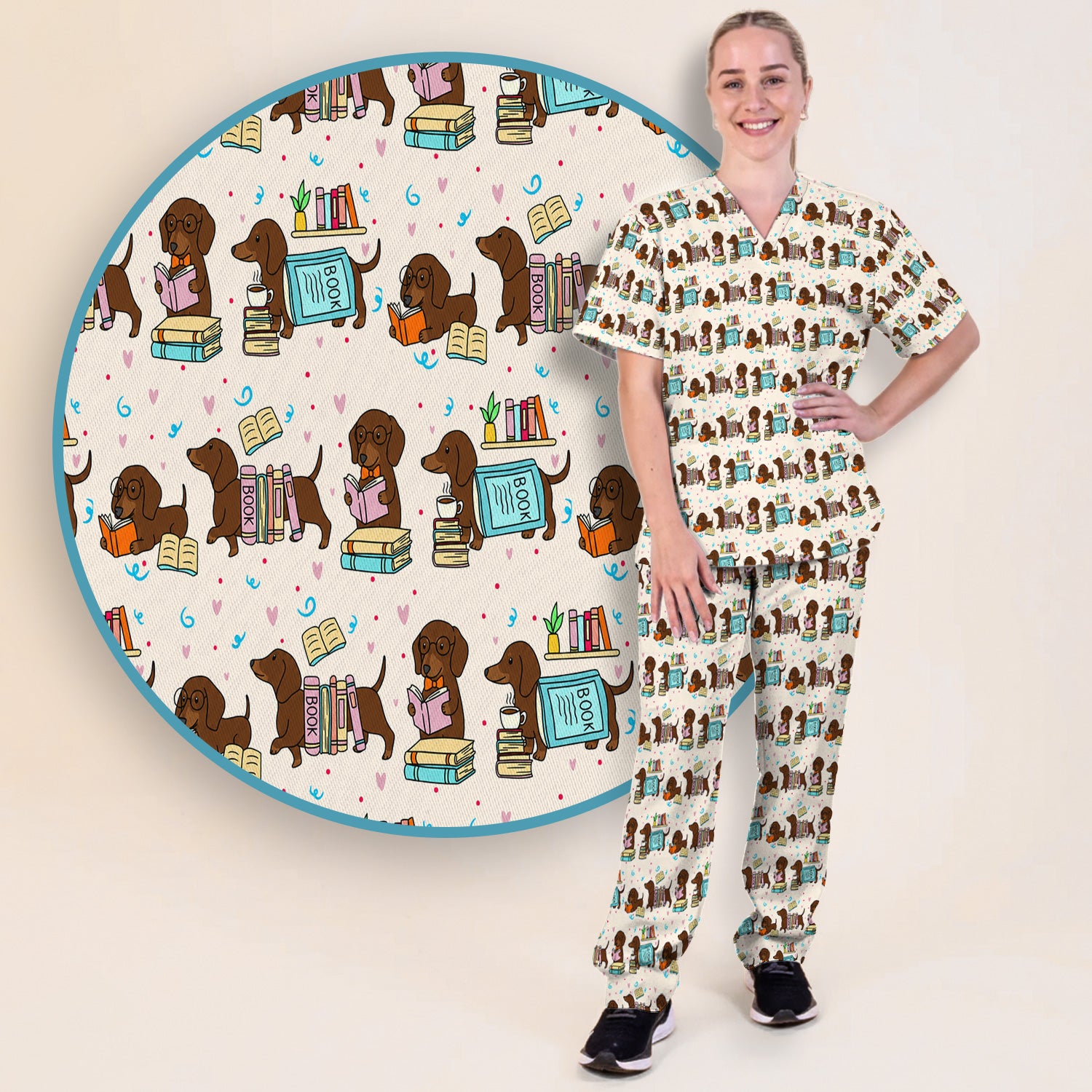 Cute Bookish Dachshund Reading Scrub Set, Scrub Pants and V Neck Top