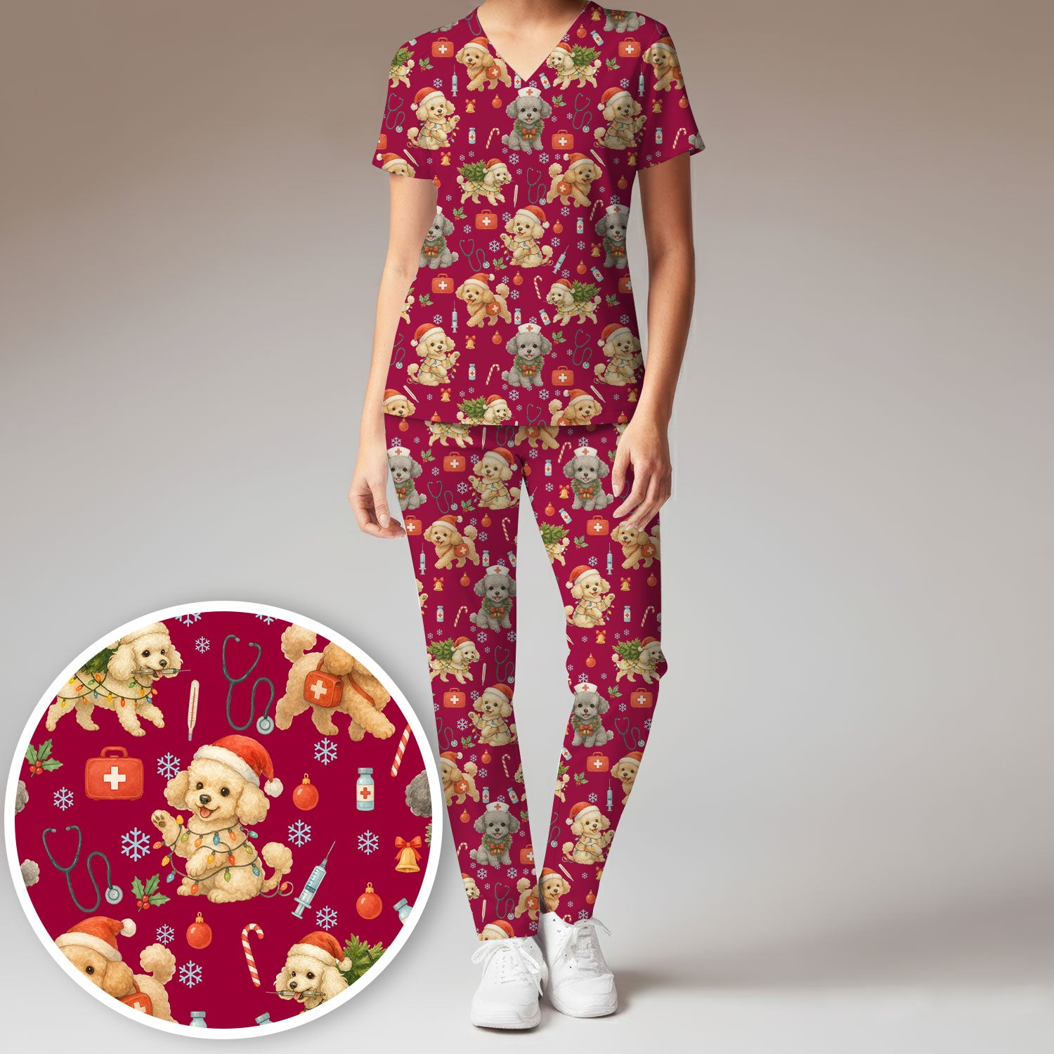 Christmas Dog Nurse Scrub Set for Women - Cute Puppy Pattern Scrub Top and Pants - Funny Holiday Nursing Outfit Gift for RN LPN CNA