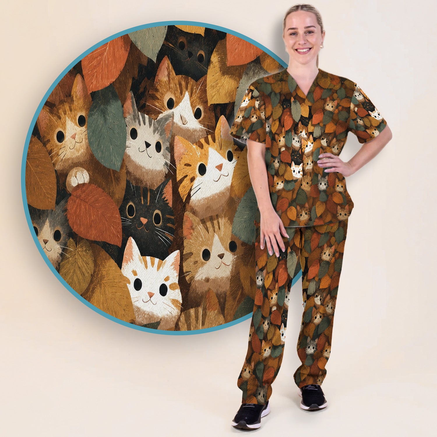 Cute Autumn Cat Leaf Pile Pattern Scrub Set, Scrub Pants and V Neck Top