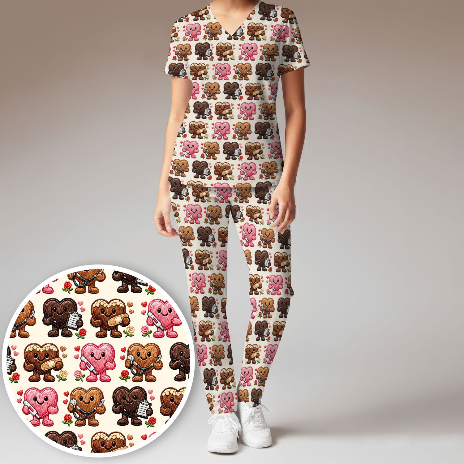 Valentine Heart Nurse Scrub Set, Cute Medical Love Pattern Shirt, Breathable Fabrics Nursing Uniform