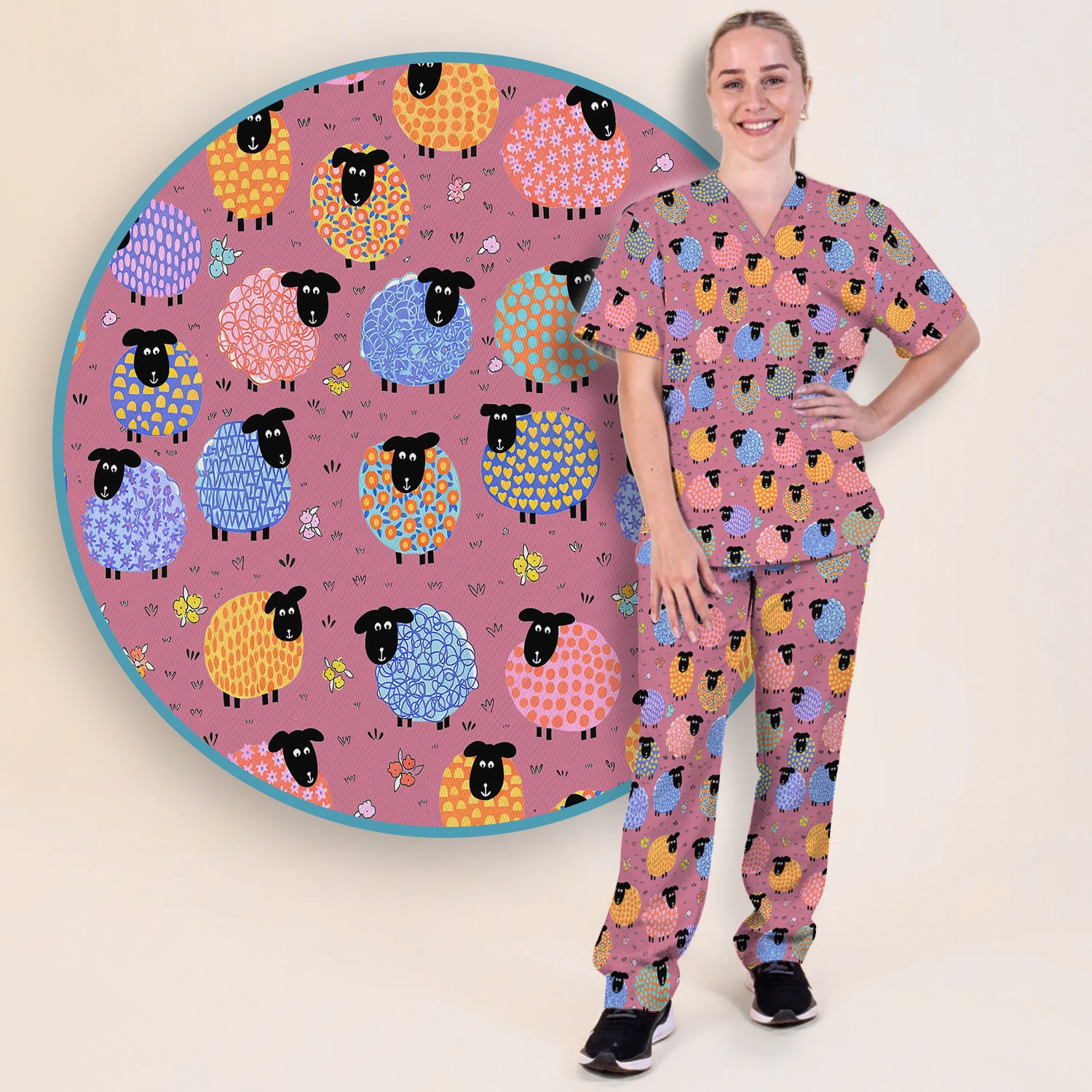 Funny Colorful Sheep Pattern Scrub Set, Scrub Pants and V Neck Top