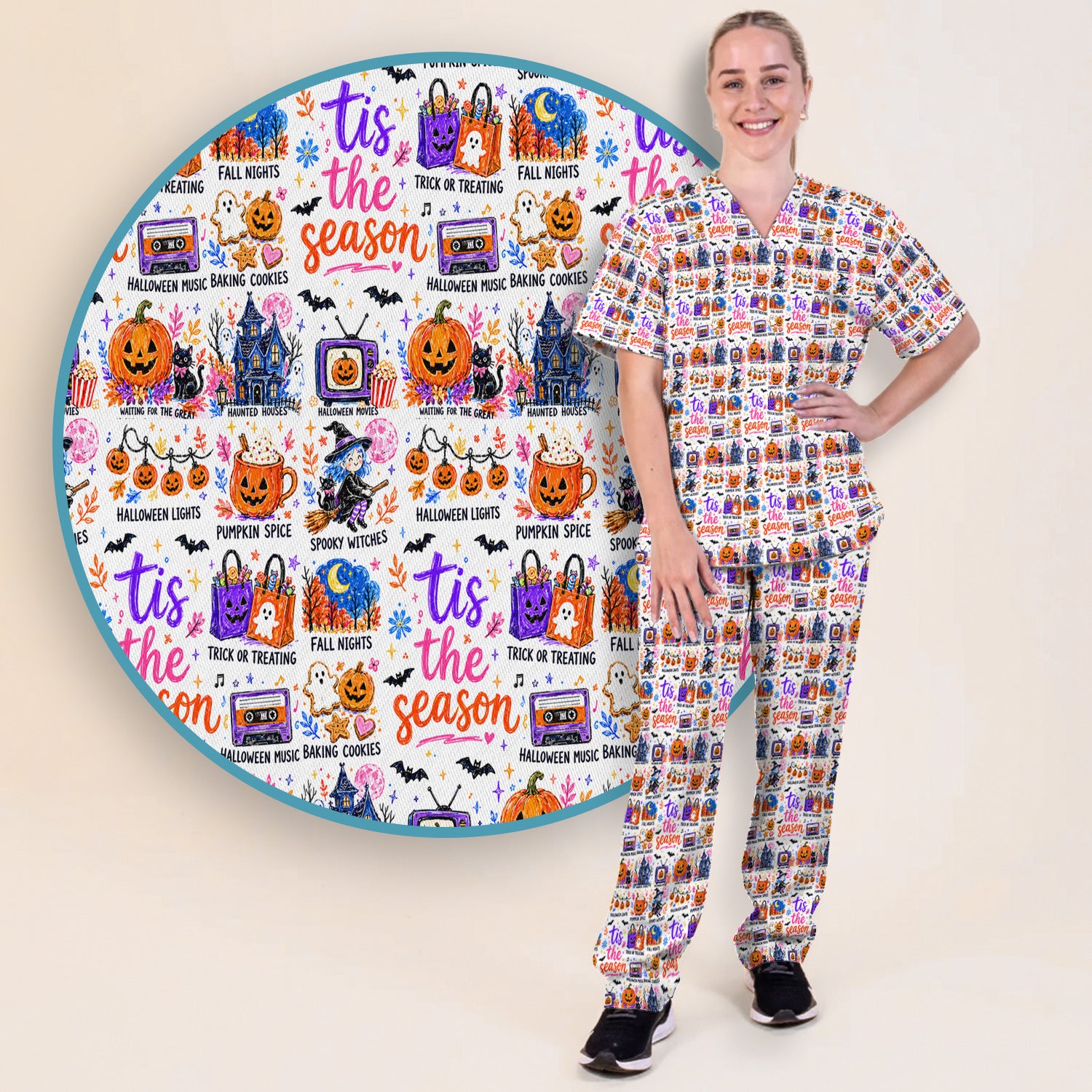 Pumpkin Ghost Spooky Season Print Scrub Set, Scrub Pants and V Neck Top