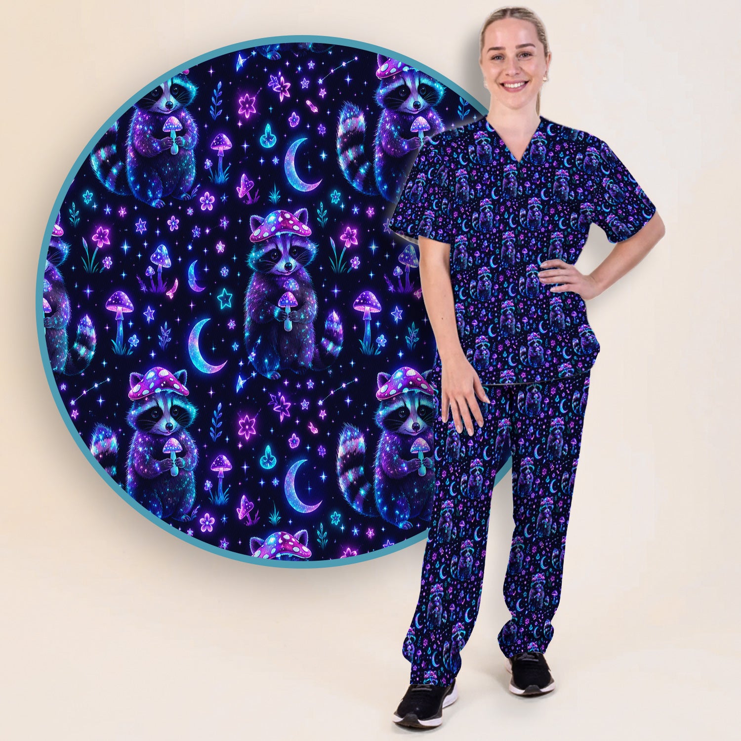 Neon Mushroom Raccoon Moonlight Pattern Scrub Set, Scrub Pants and V Neck Top