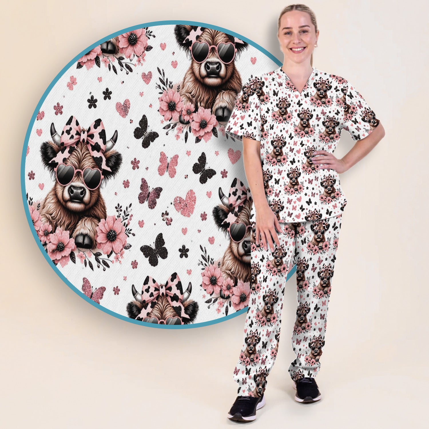Cute Cow With Heart Sunglasses Pattern Scrub Set, Scrub Pants and V Neck Top