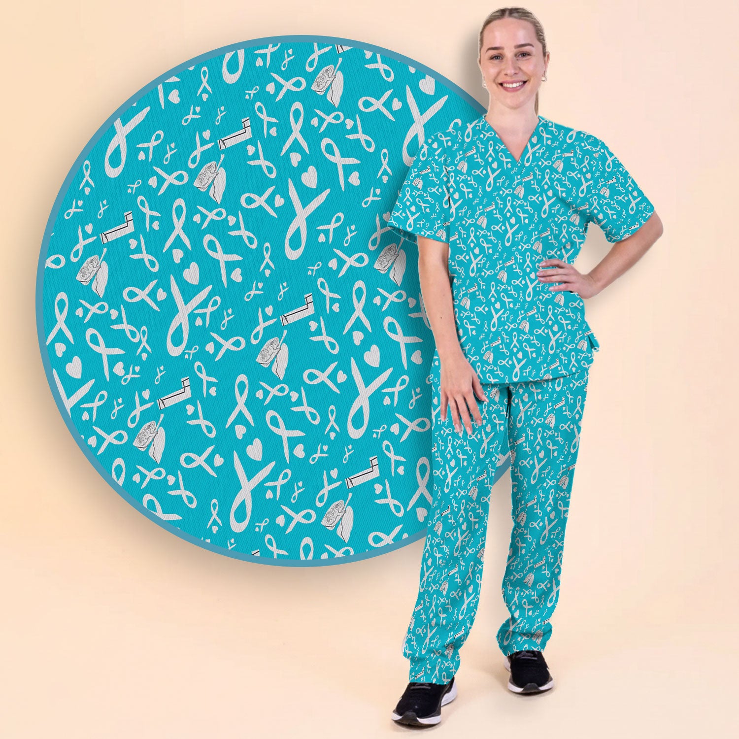 Lung Cancer Awareness Scrub Set for Women - Gray Ribbon Inhaler and Lungs Scrubs Pants and V Neck Top - COPD Asthma Med Uniform