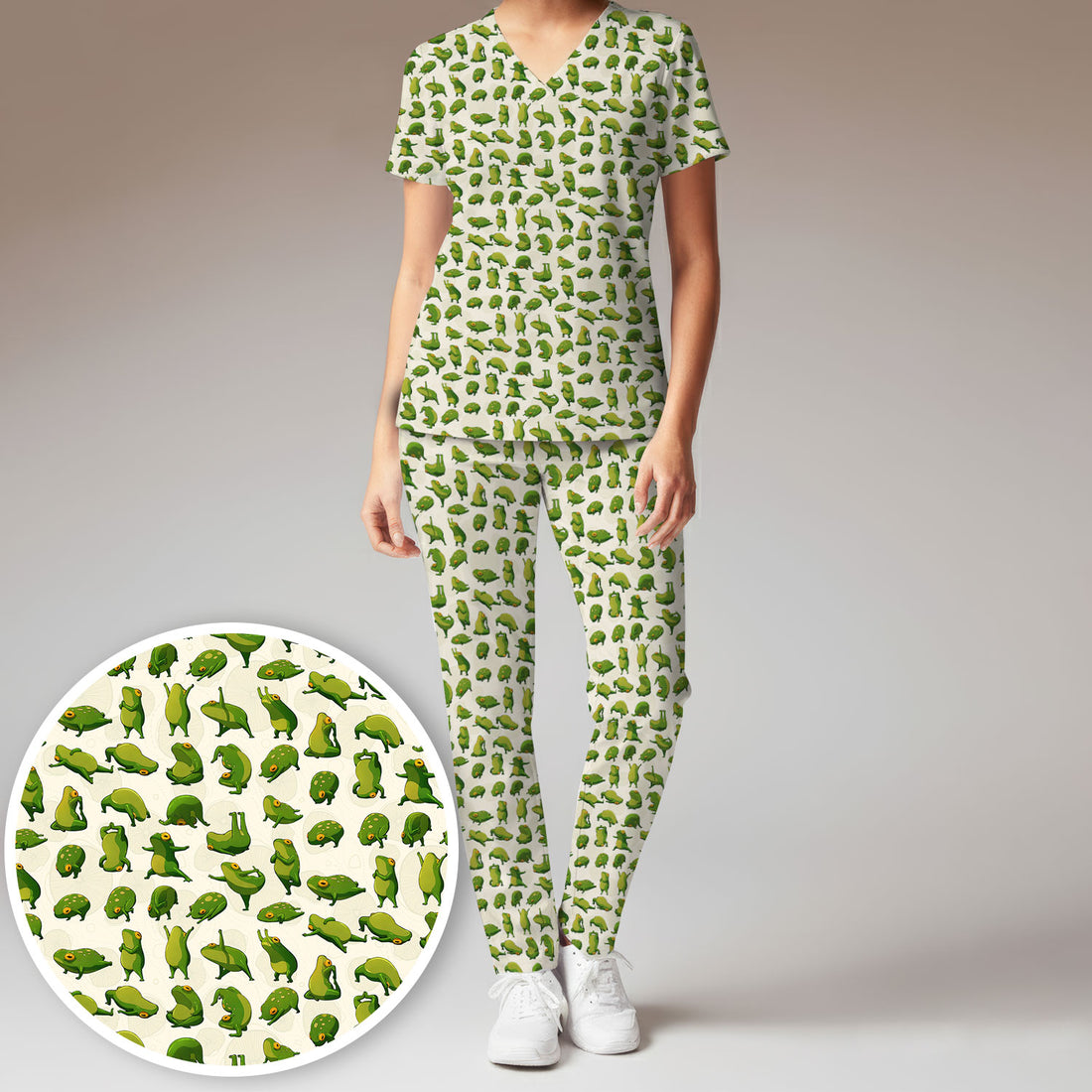 Cute Frog Cartoon Pattern Scrub Set, Breathable Med Uniform