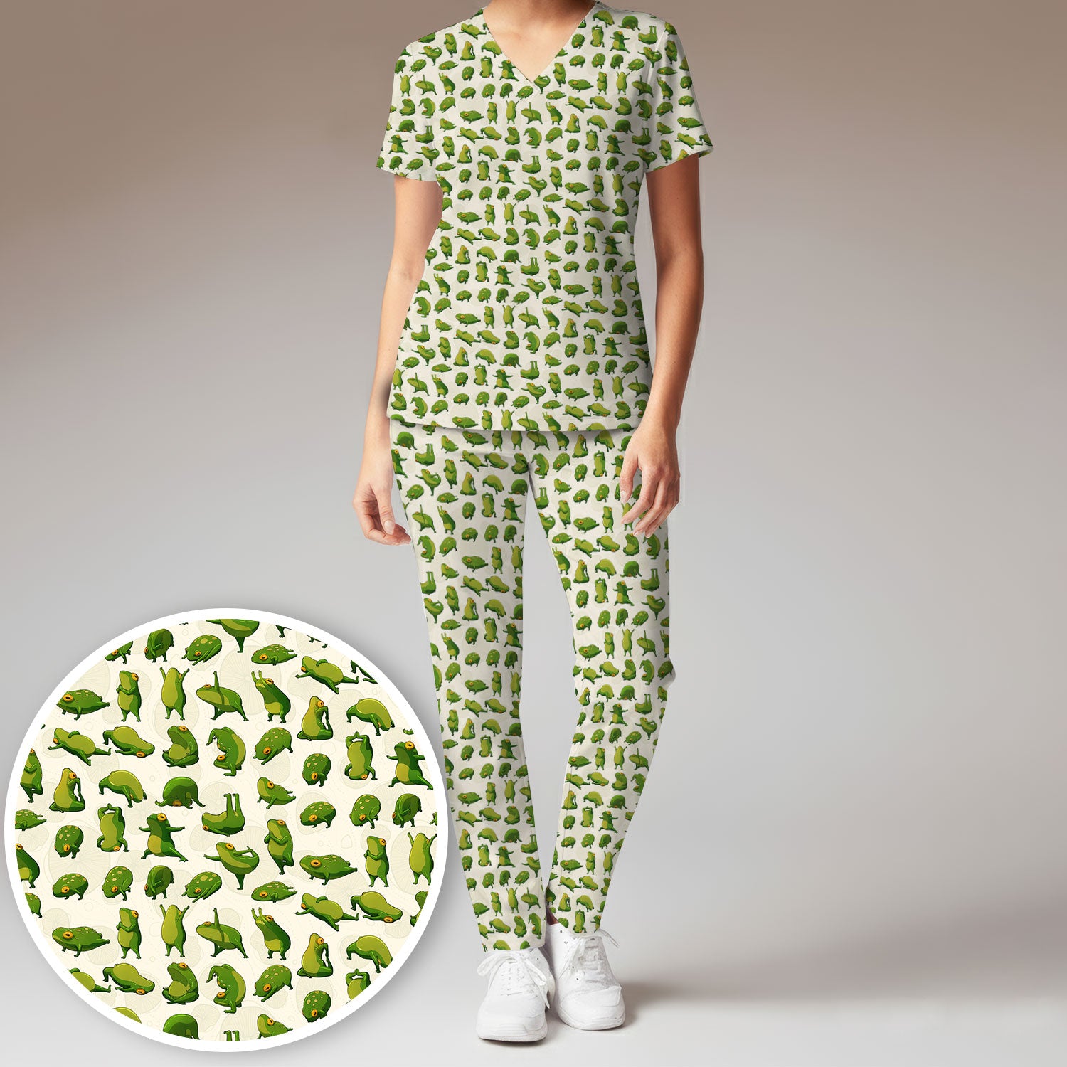 Cute Frog Cartoon Pattern Scrub Set, Breathable Med Uniform