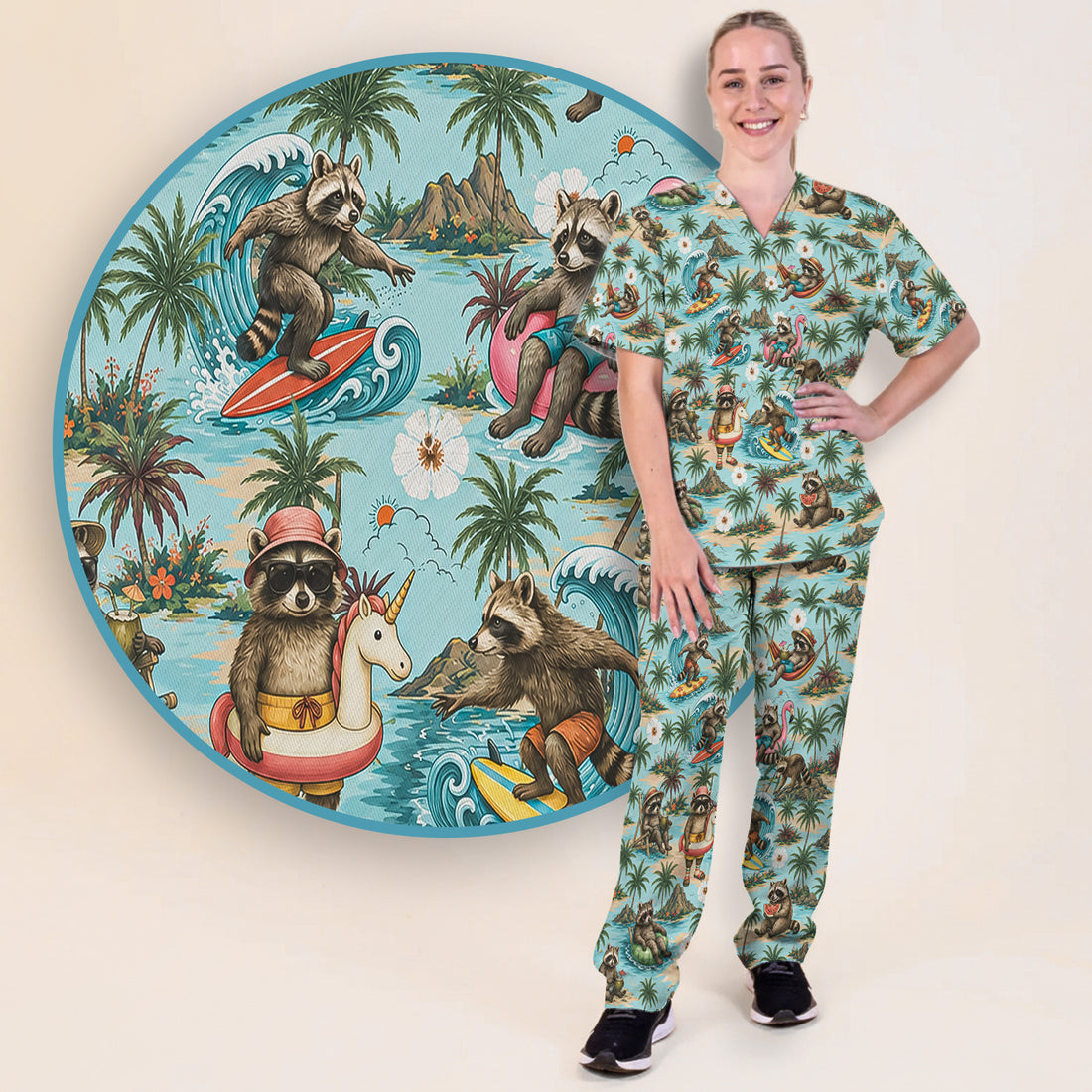 Tropical Raccoon with Surfing Island Beach Print Scrub Set, Scrub Pants and V Neck Top