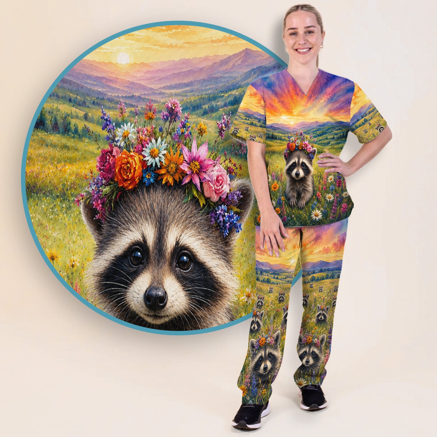 Floral Raccoon Meadow Veterinary Nurse Pattern Scrub Set, Scrub Pants and V Neck Top