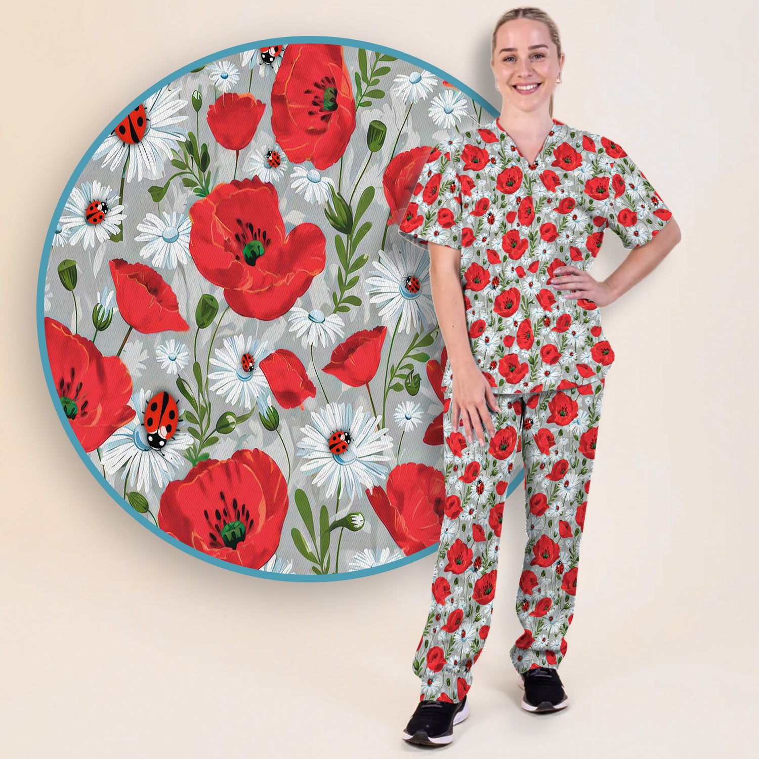 Cute Red Poppy Daisy Ladybug Floral Print Scrub Set, Scrub Pants and V Neck Top
