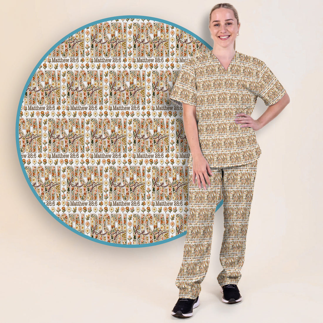 Christian Resurrection Floral Pattern Scrub Set, Scrub Pants and V Neck Top