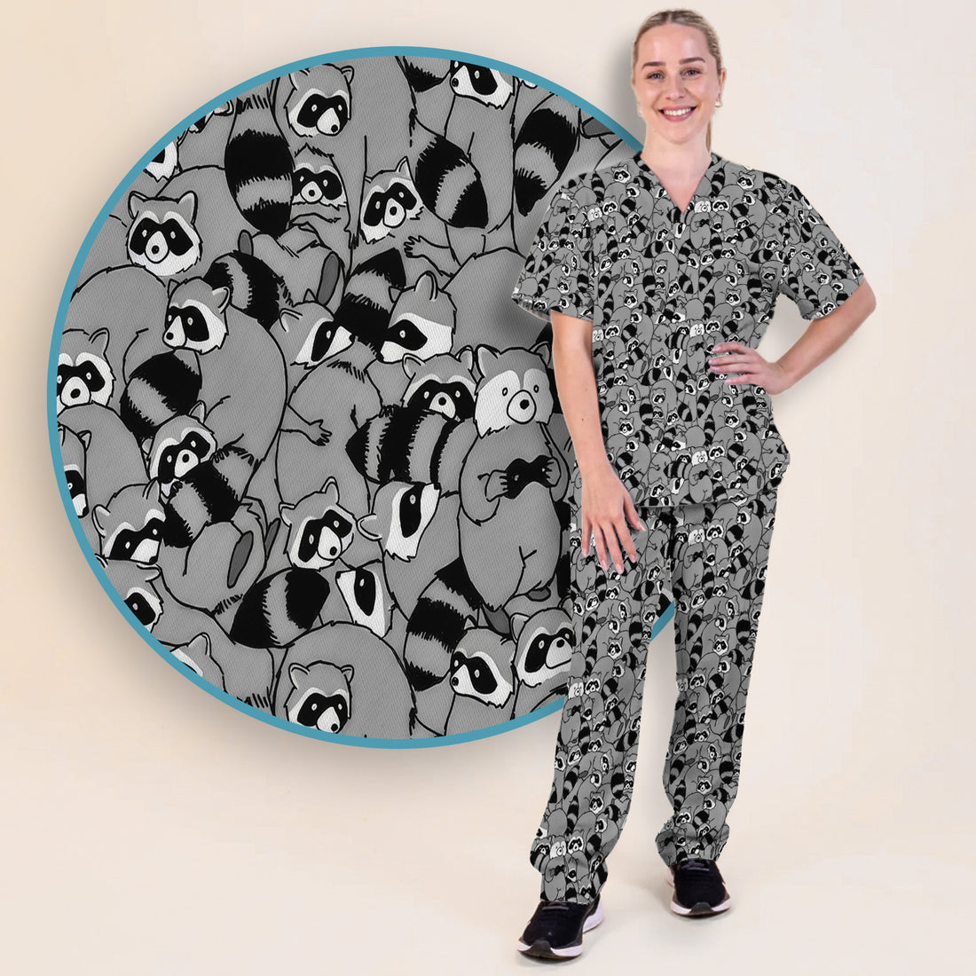 Cute Nurse Raccoon Crowd Pattern Scrub Set, Scrub Pants and V Neck Top