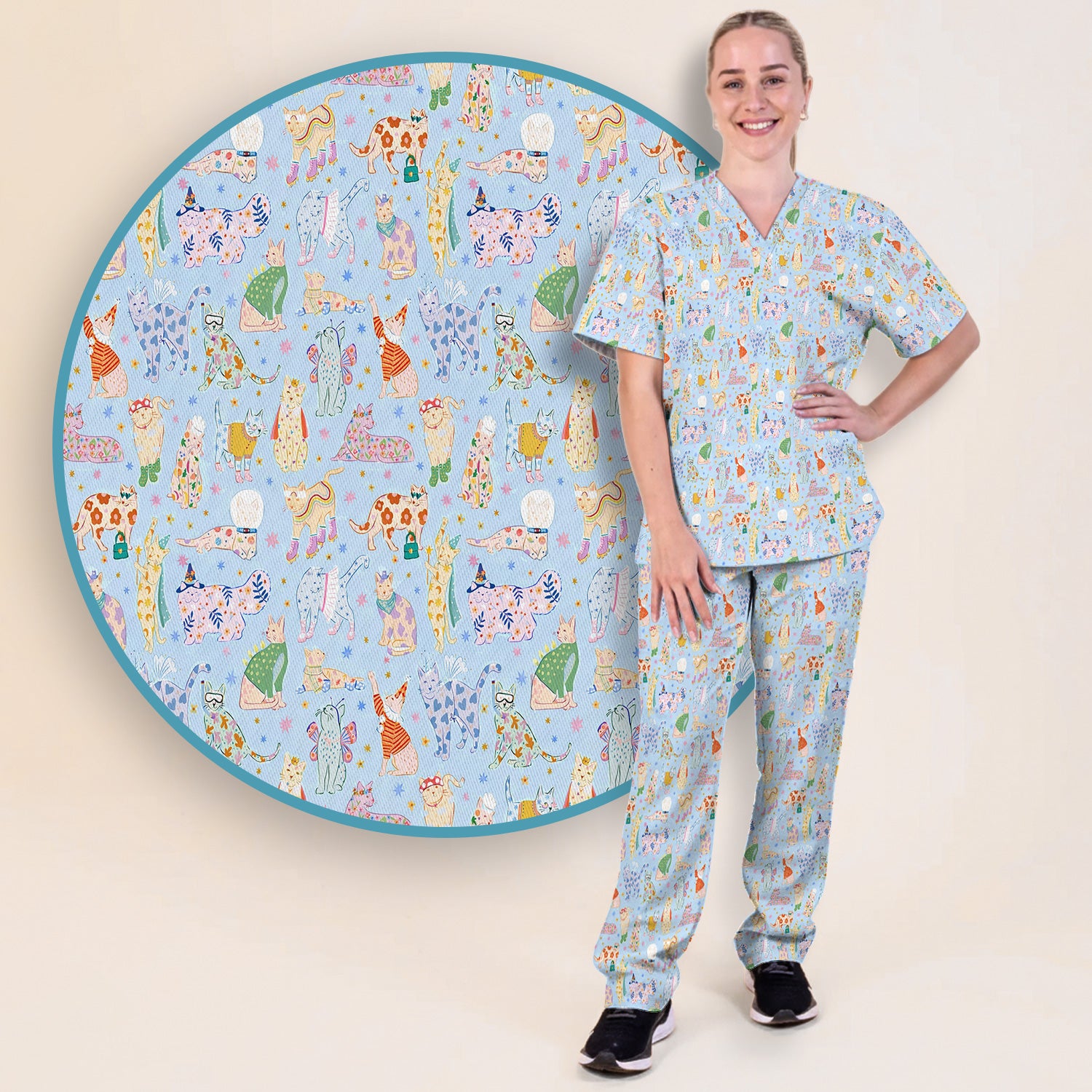 Cute Colorful Cats Pattern Scrub Set, Scrub Pants and V Neck Top