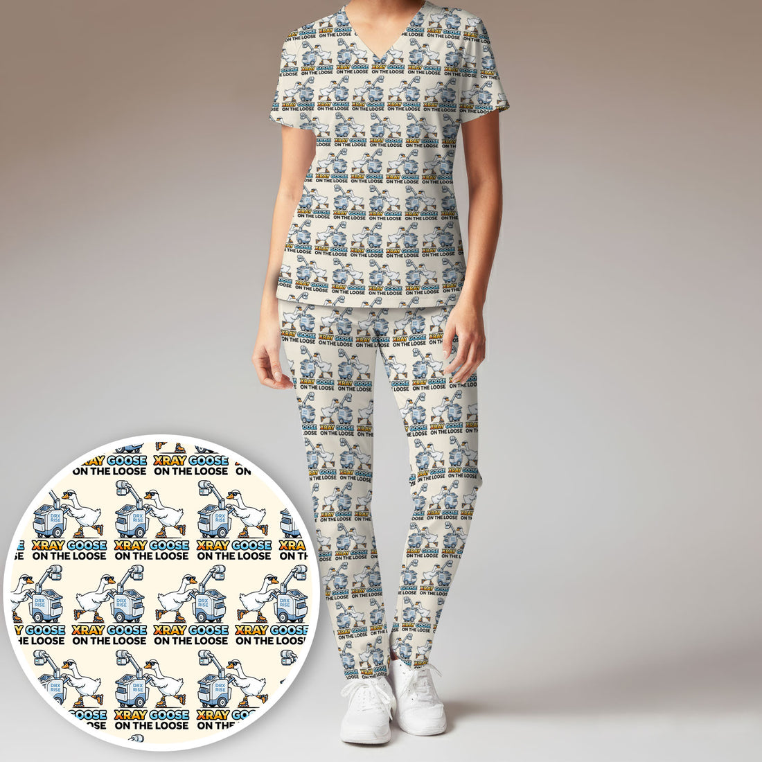 Funny Xray Goose On The Loose Pattern Scrub Top, Scrub Pants and V Neck Top
