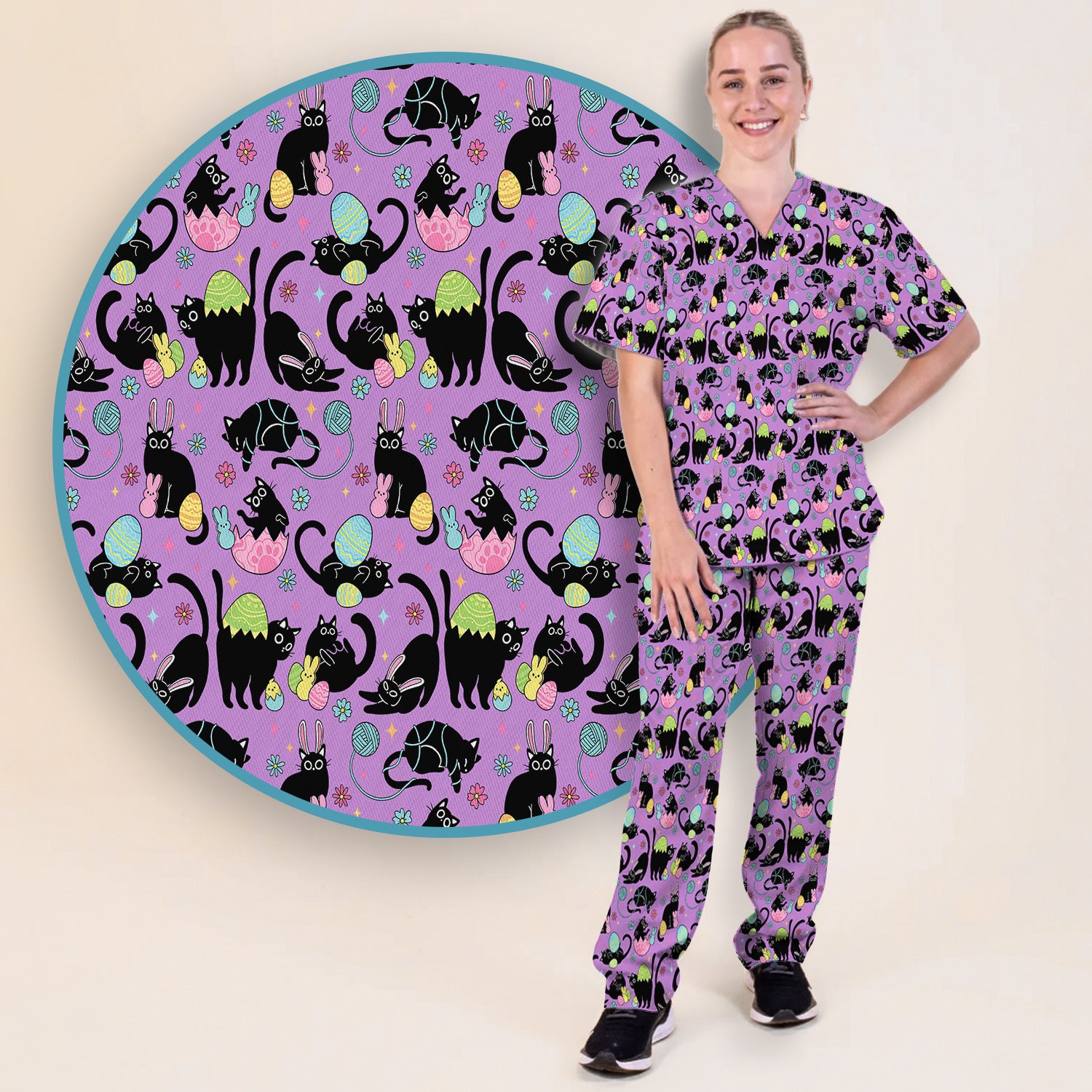 Funny Easter Black Cat Egg Pattern Scrub Set, Scrub Pants and V Neck Top