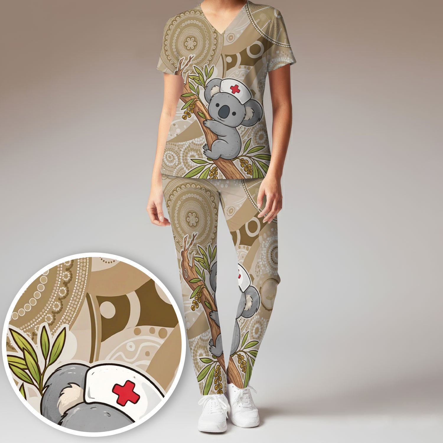 Australian Indigenous Inspired Dot Art Scrub Set, Cute Koala Pattern Nurse Shirt, Comfortable Scrubs For Nursing