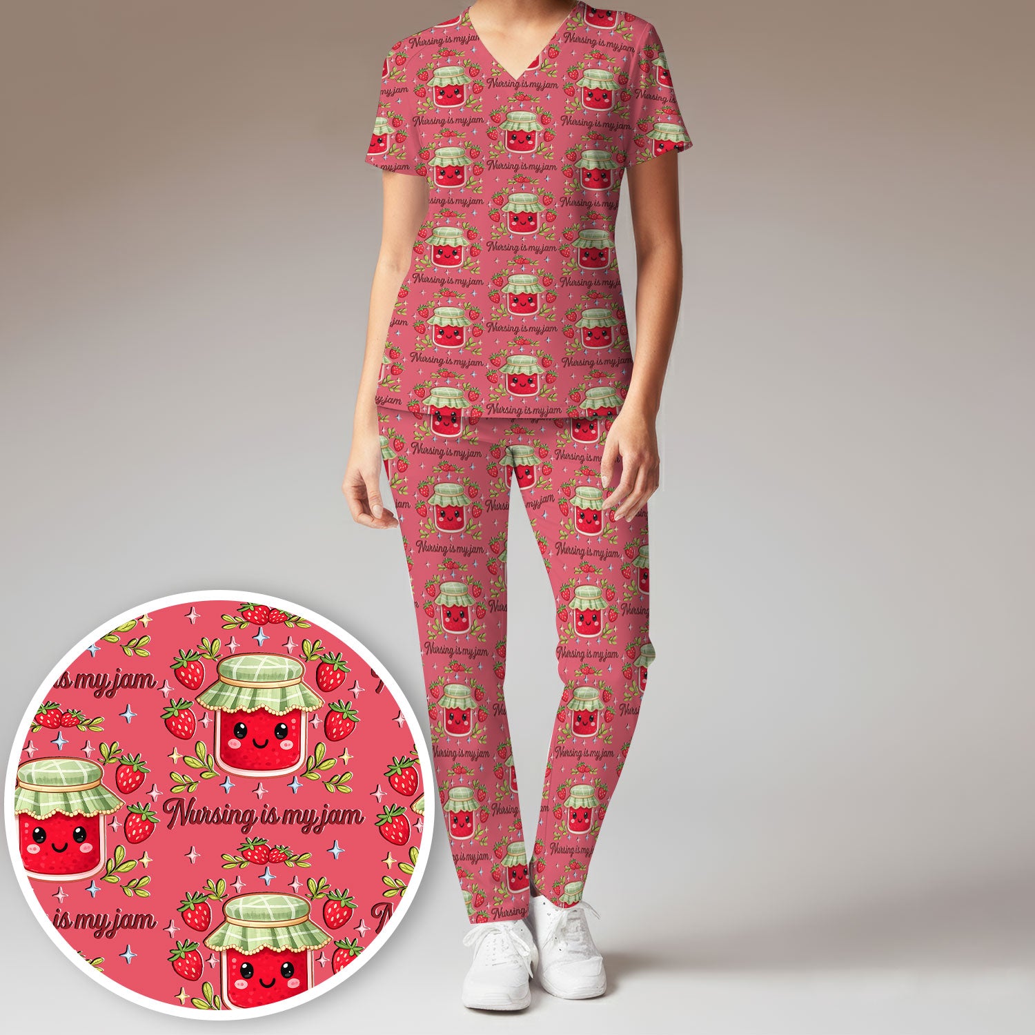 Cute Strawberry Jam Nurse Pattern Scrub Set, Breathable Med Uniform