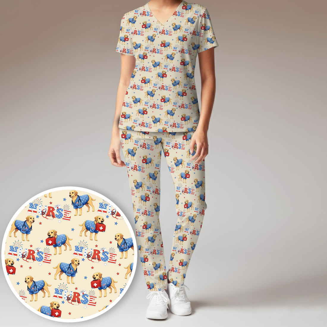 Patriotic Nurse Dog Medical Pattern Pattern Scrub Set, Women's Scrub Sets