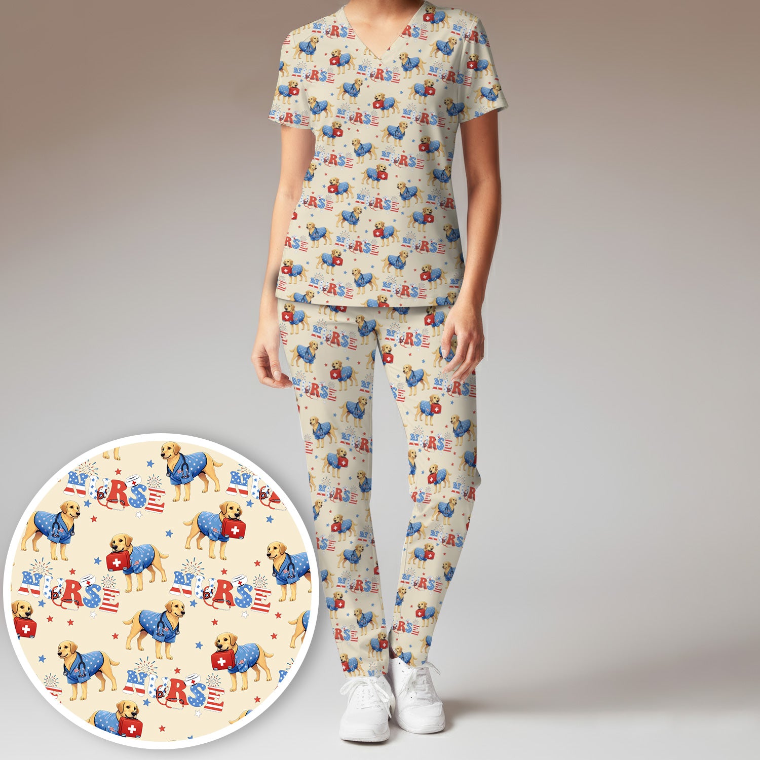 Patriotic Nurse Dog Medical Pattern Pattern Scrub Set, Women's Scrub Sets
