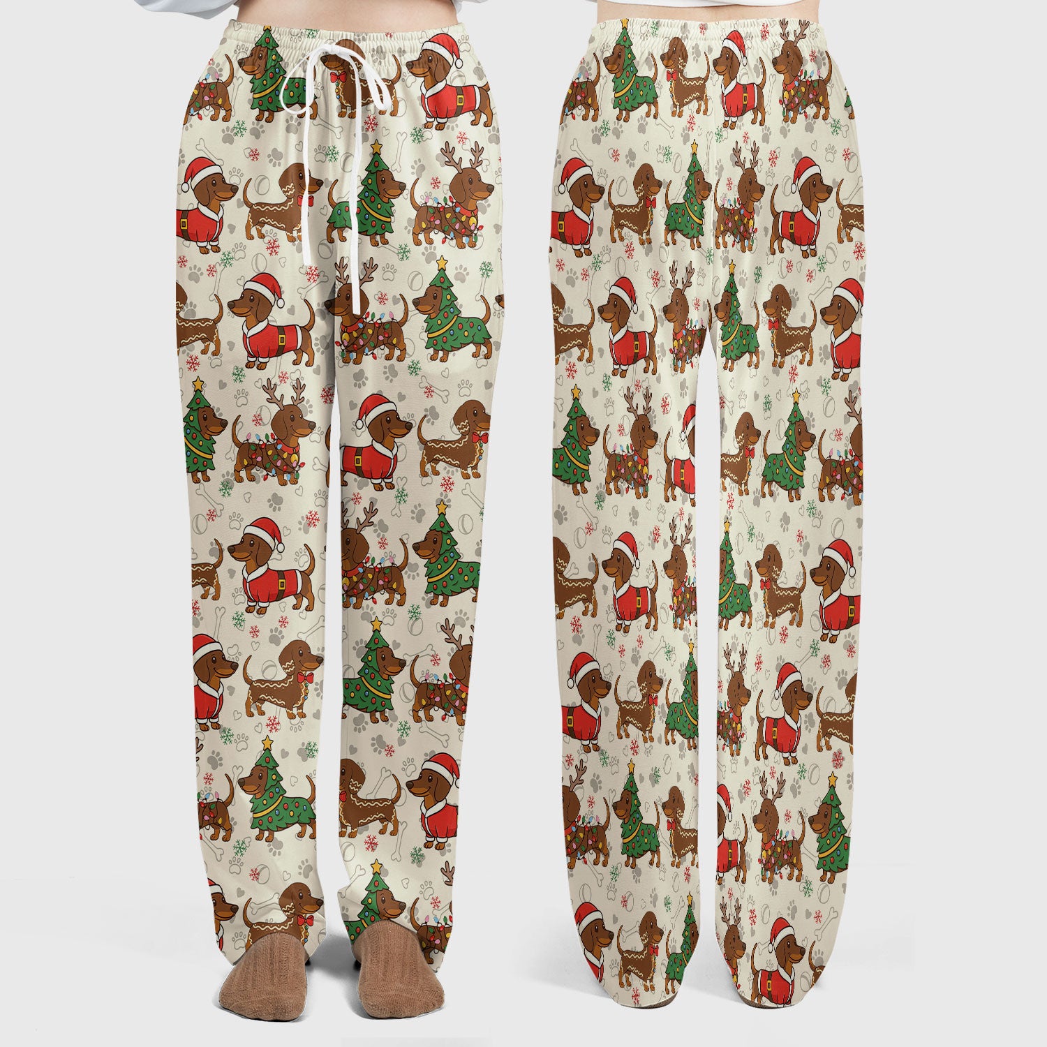 Christmas Weenie Dog Scrub Sets - Xmas Dachshund Scrub Pants - Cute Sausage Puppy V Neck Top - Breathable Med Uniform