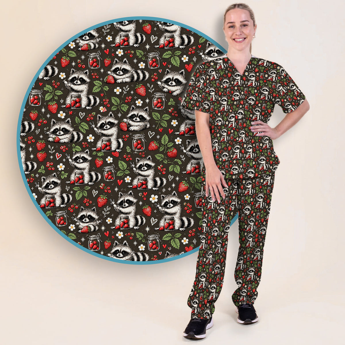 Cute Raccoons And Strawberries Pattern Scrub Set, Scrub Pants and V Neck Top