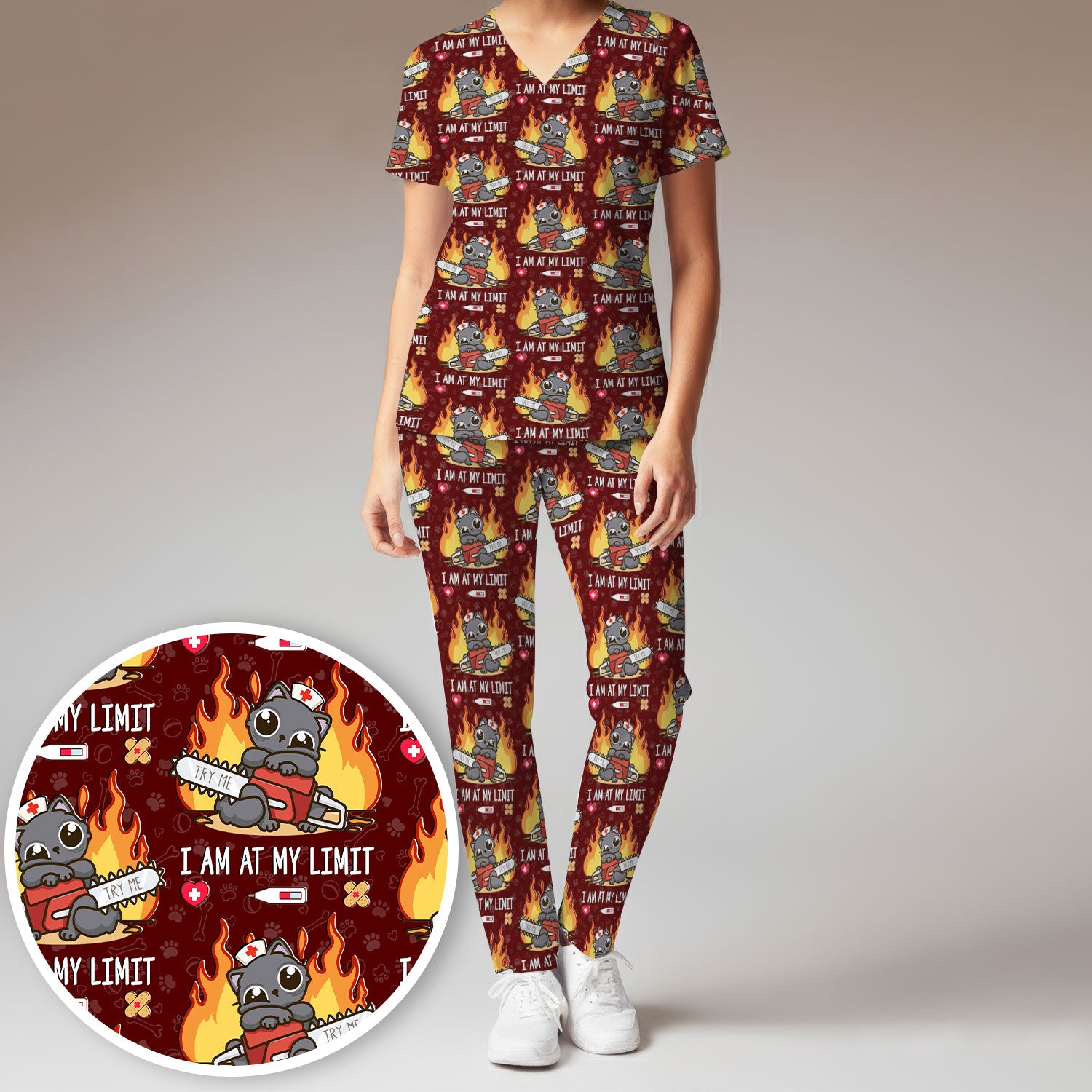 Funny Nurse Cat I Am At My Limit Women's Scrub Set, Breathable Med Uniform