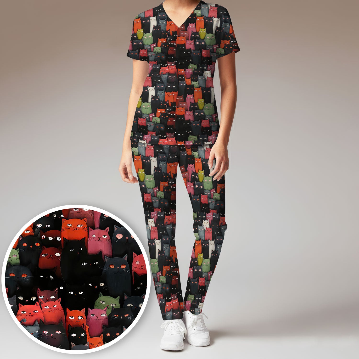 Cat Pattern Nurse Scrub Set, Artistic Cat Nurses Shirt For Women, Breathable Fabrics Nursing Uniform