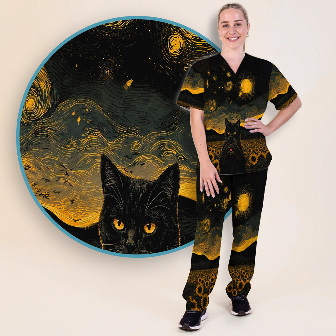 Cute Black Cat Sunflower Night Pattern Scrub Set, Scrub Pants and V Neck Top