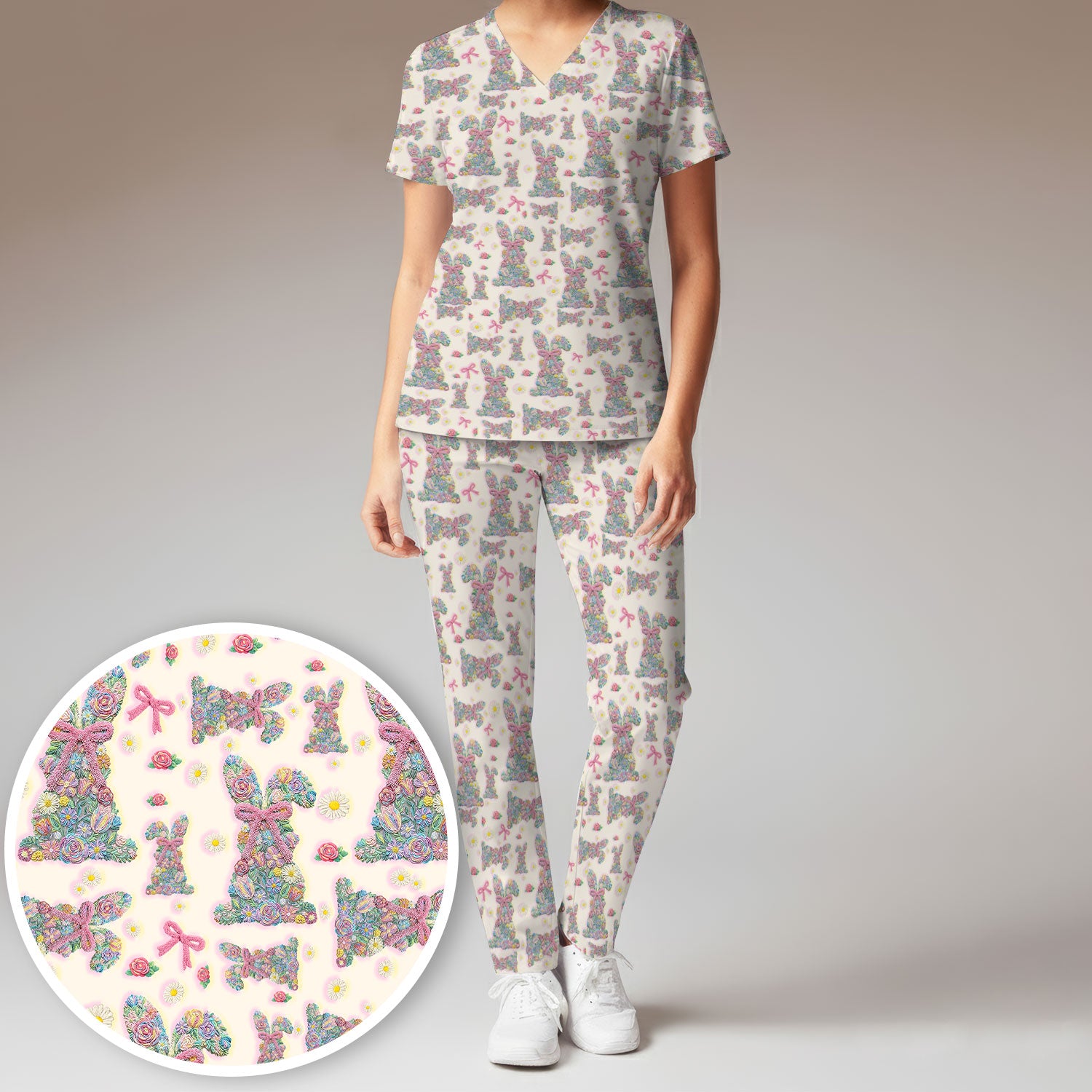 Colorful Floral Bunny with Pink Bow Pattern Scrub Set, Breathable Med Uniform