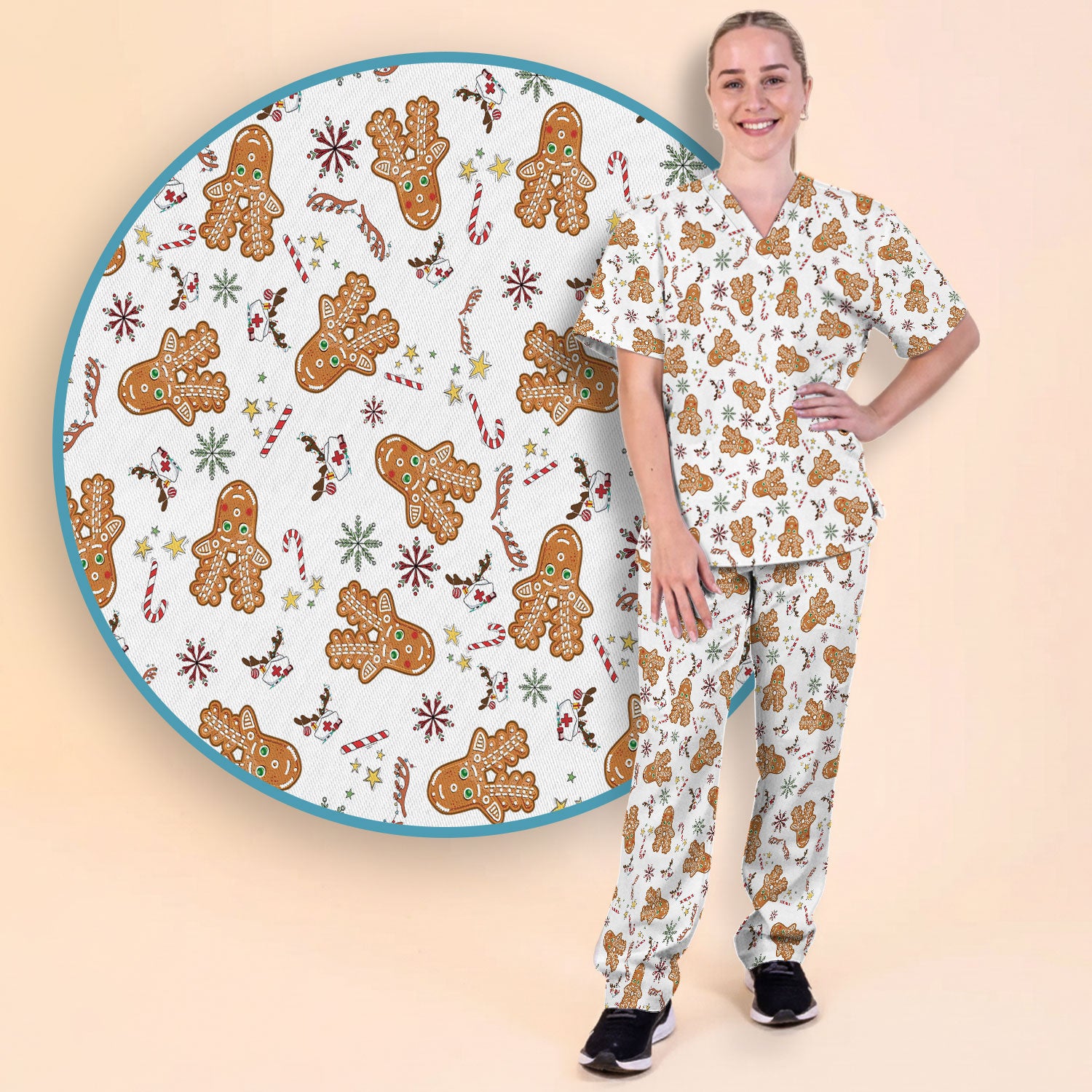Gingerbread Cookies Reindeer Women's Scrub Sets - Comfortable Scrubs for Nurses - Funny Christmas Med Uniform