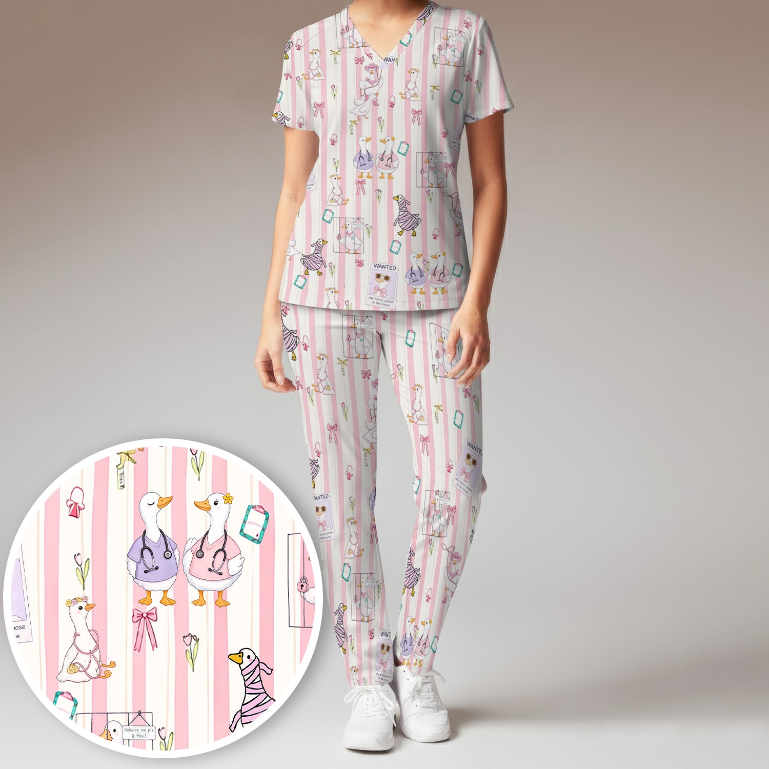 Cute Nurse Duck Stripe Pattern Scrub Set, Scrub Pants and V Neck Top