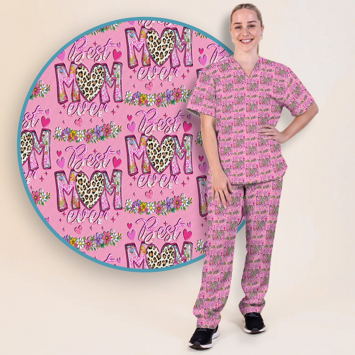 Best Mom Ever Leopard Heart Floral Pattern Scrub Set, Nurse Uniform Scrubs Set