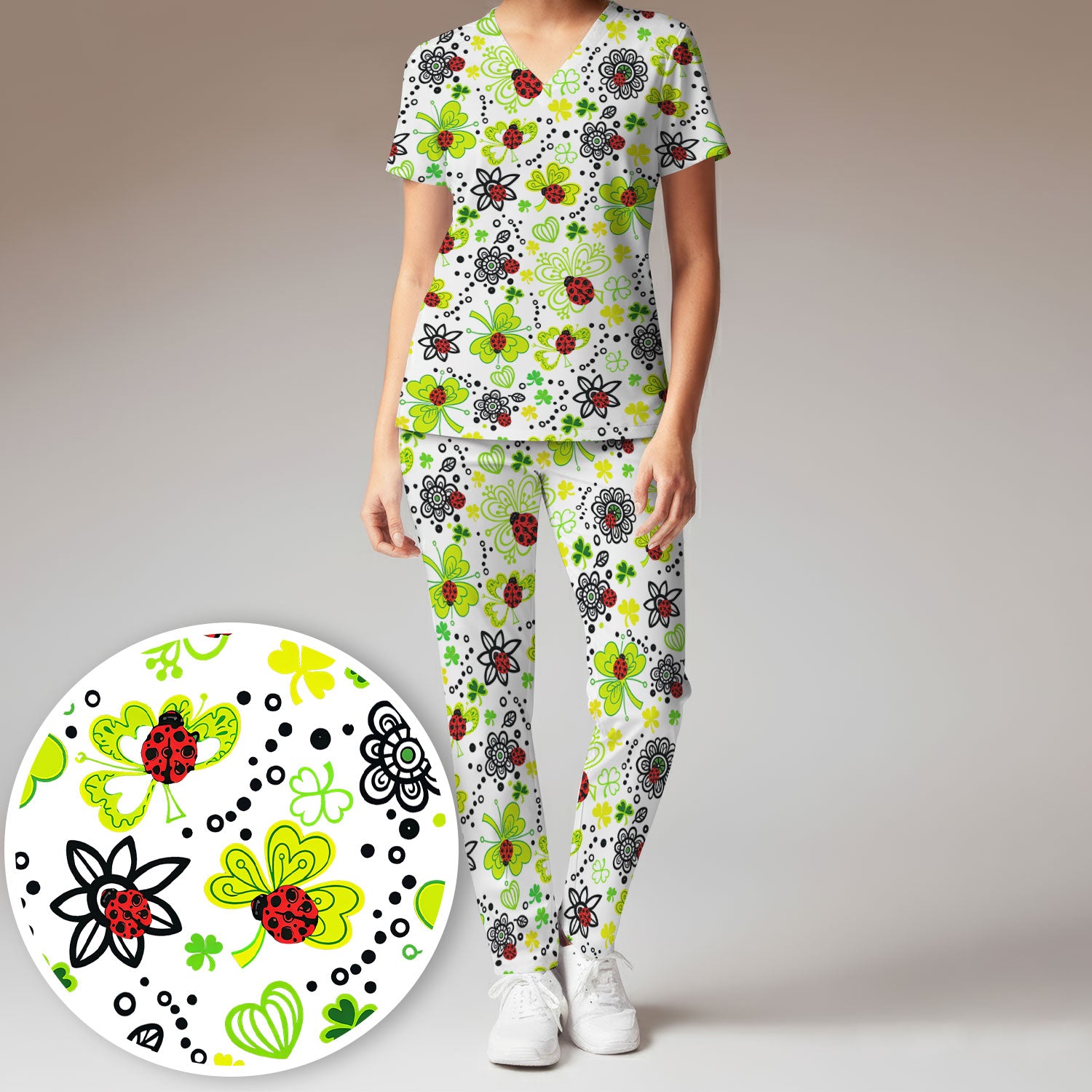 Ladybug Clover Floral Pattern Print Scrub Sets, Scrub Pants and V Neck Top