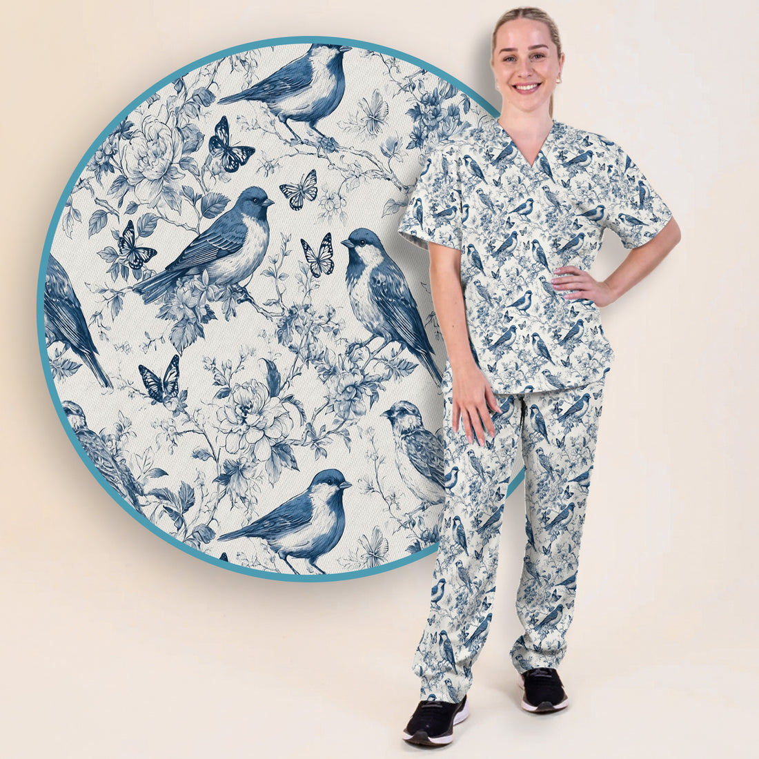 Blue Toile Songbird With Butterfly Print Scrub Set, Scrub Pants and V Neck Top