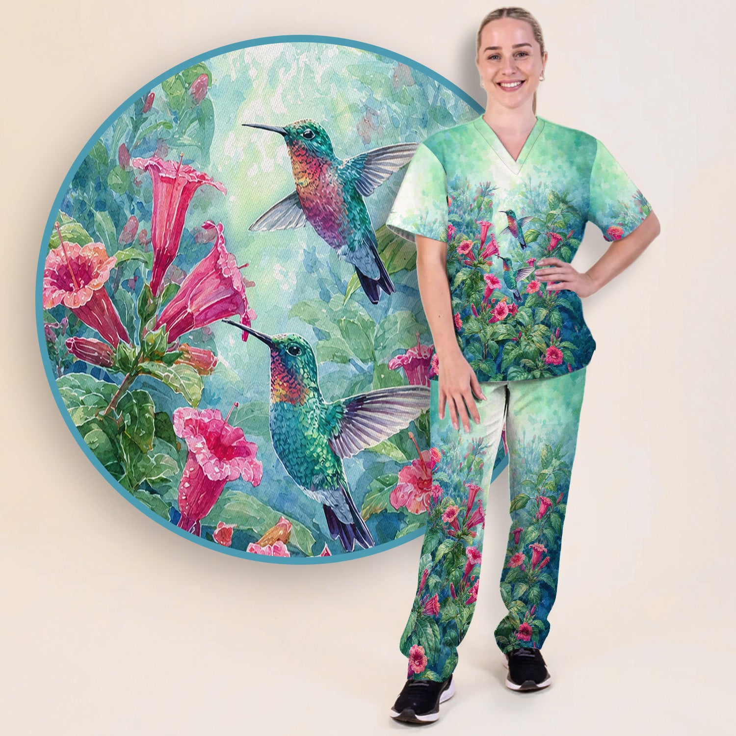 Vintage Hummingbird Floral Garden Pattern Scrub Set, Scrub Pants and V Neck Top