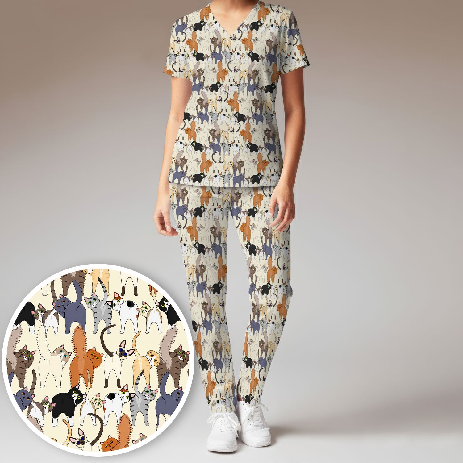 Whimsical Multicolor Cat Cartoon Pattern Scrub Set, Breathable Med Uniform