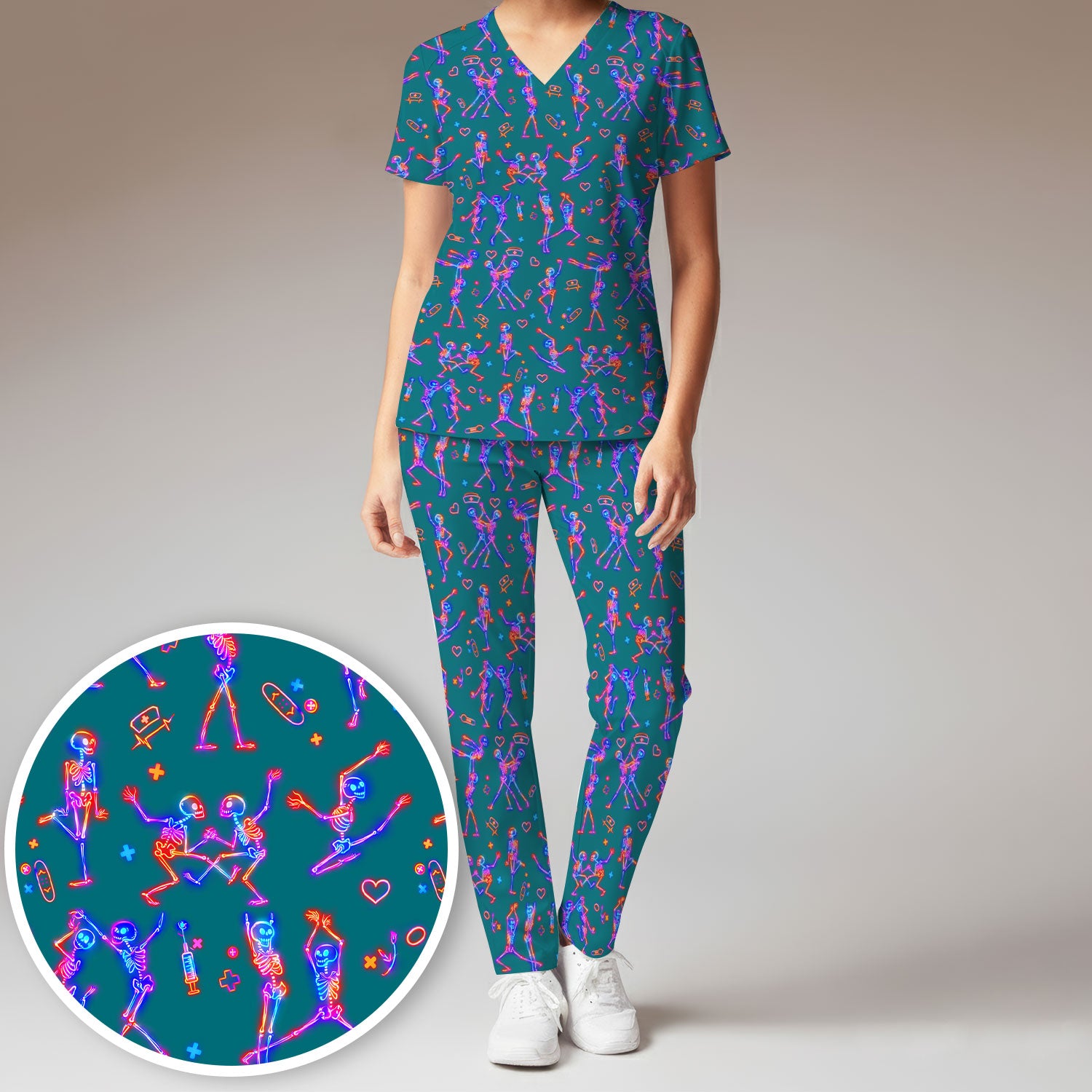 Neon Dancing Skeleton Medical Pattern Set, Scrub Pants and V Neck Top