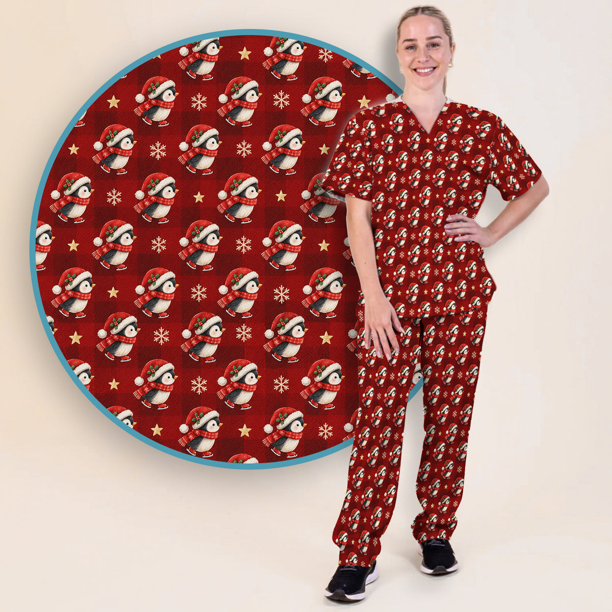 Cute Christmas Ice Skating Penguin Scrub Set, Scrub Pants and V Neck Top