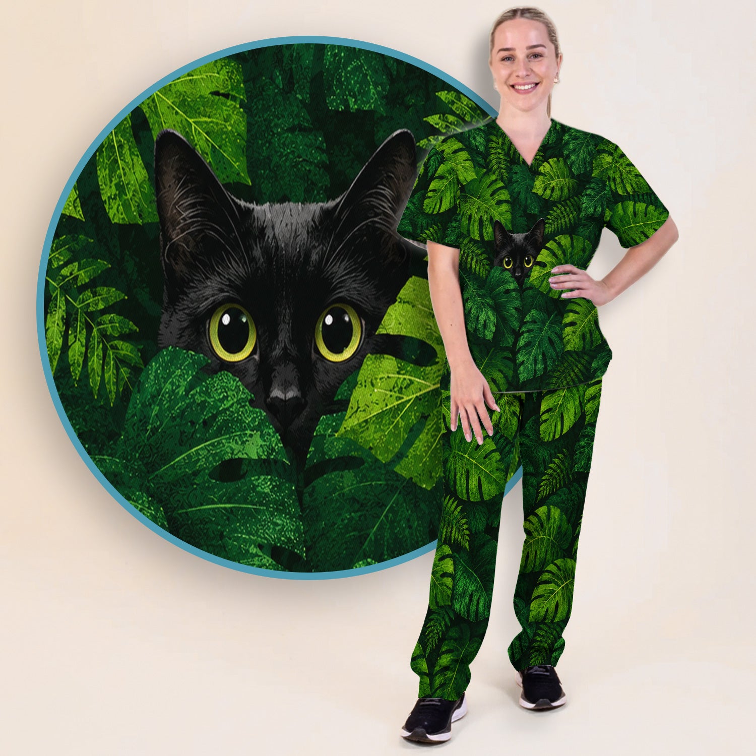 Cute Hidden Black Cat Pattern Scrub Set, Scrub Pants and V Neck Top